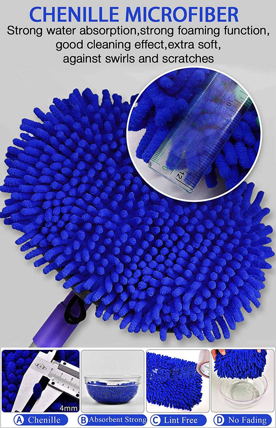 WillingHeart - Cepillo para lavado de autos de 47.5 in, herramienta de limpieza con mango largo para detalles de lavado, 2 en 1, esponja de microfibra de chenilla, plumero que no daña la pintura, sin arañazos