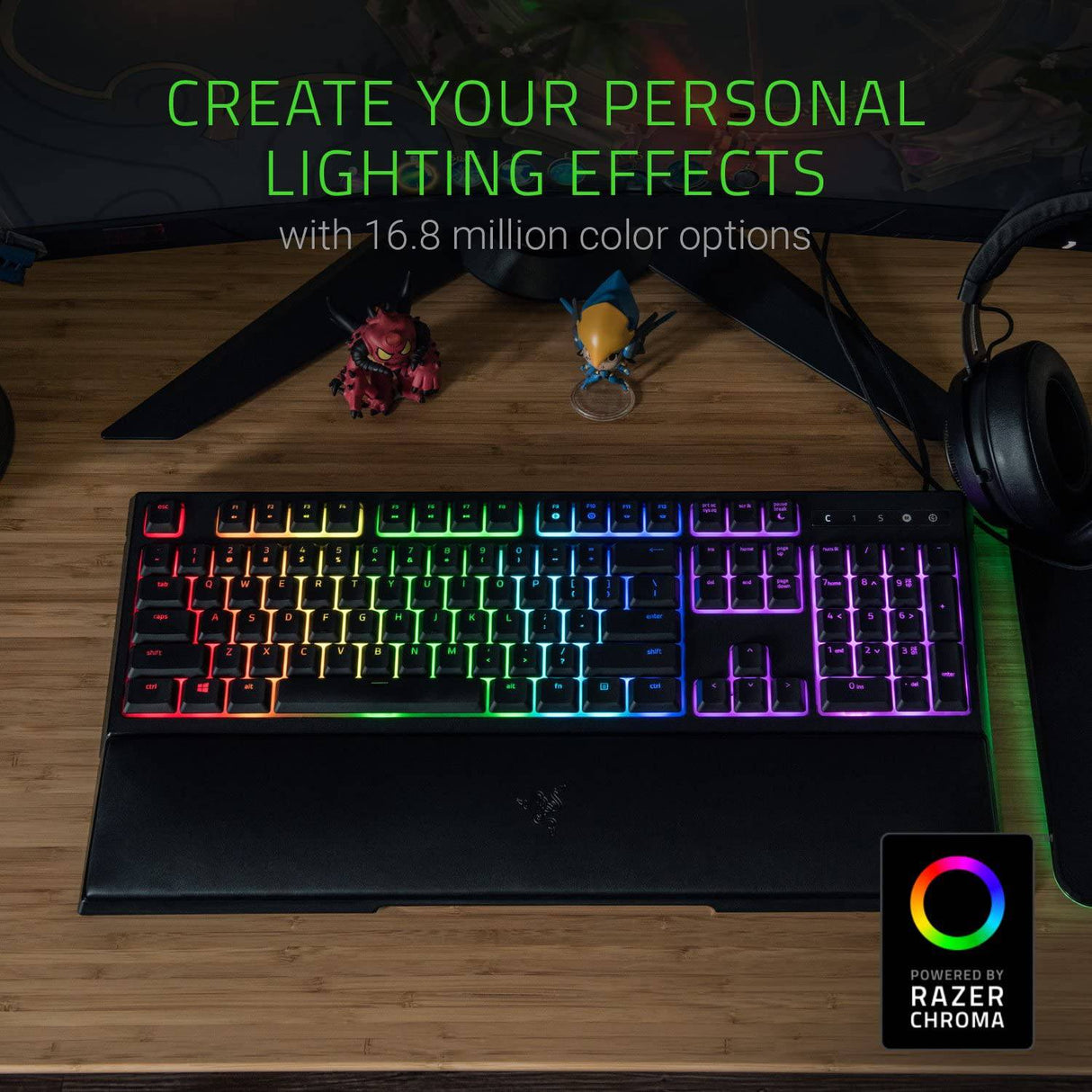Razer Ornata Chroma - Teclado para juegos: Interruptores mecánicos híbridos - Iluminación Chroma RGB personalizable - Teclas retroiluminadas individualmente - Reposamuñecas de felpa desmontable - Funcionalidad macro programable
