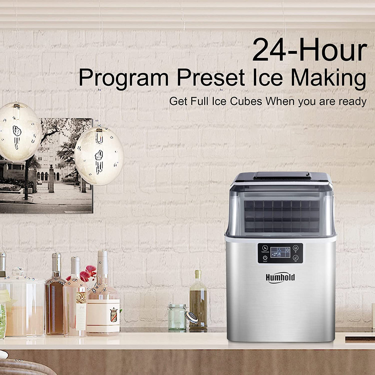 Humhold CounterTop Ice Maker con programa preestablecido de 24 horas, 44 libras/24 horas con autolimpieza, 24 cubitos de hielo transparentes en 12 minutos, 12 espesores ajustables - DIGVICE MX