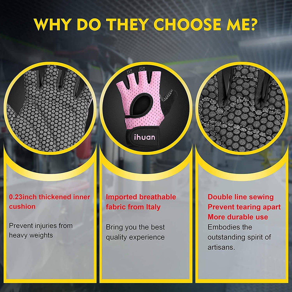 ihuan - Guantes de levantamiento de pesas transpirables: guantes de gimnasio de entrenamiento sin dedos con soporte para muñeca | Mejora la protección de la palma | Agarre adicional