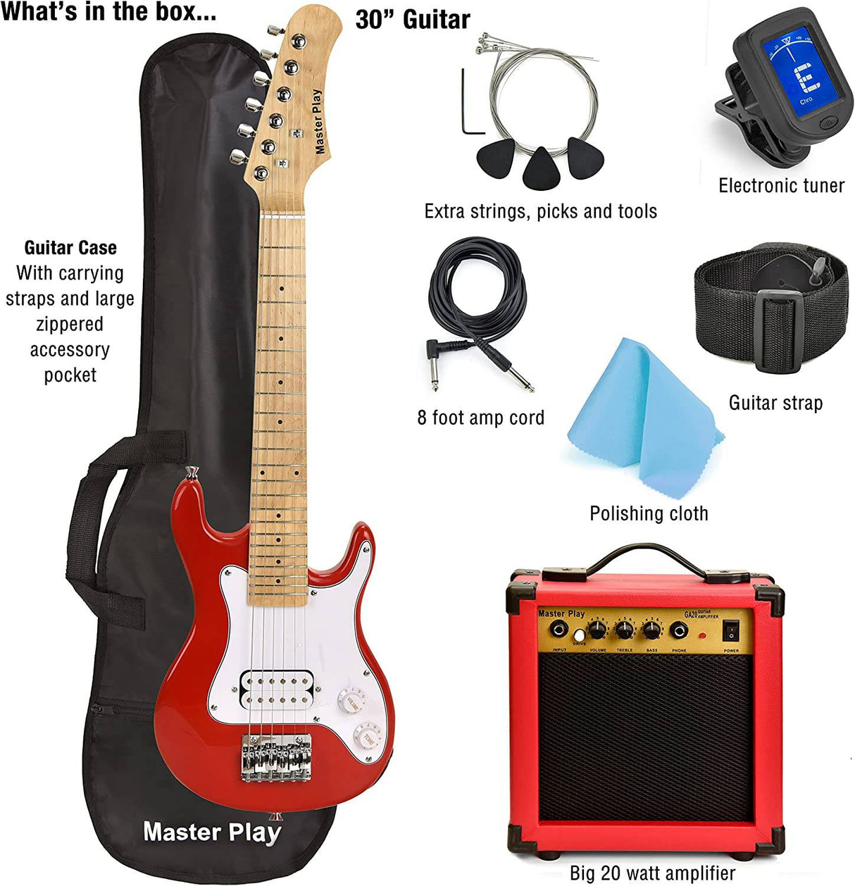Master Play - Guitarra eléctrica de 30 pulgadas, para niños/principiantes con kit de inicio completo, amplificador de 20 vatios, 6 cuerdas adicionales, púas, bolsa de concierto, correa para el hombro, sintonizador digital, cable, paño de lavado