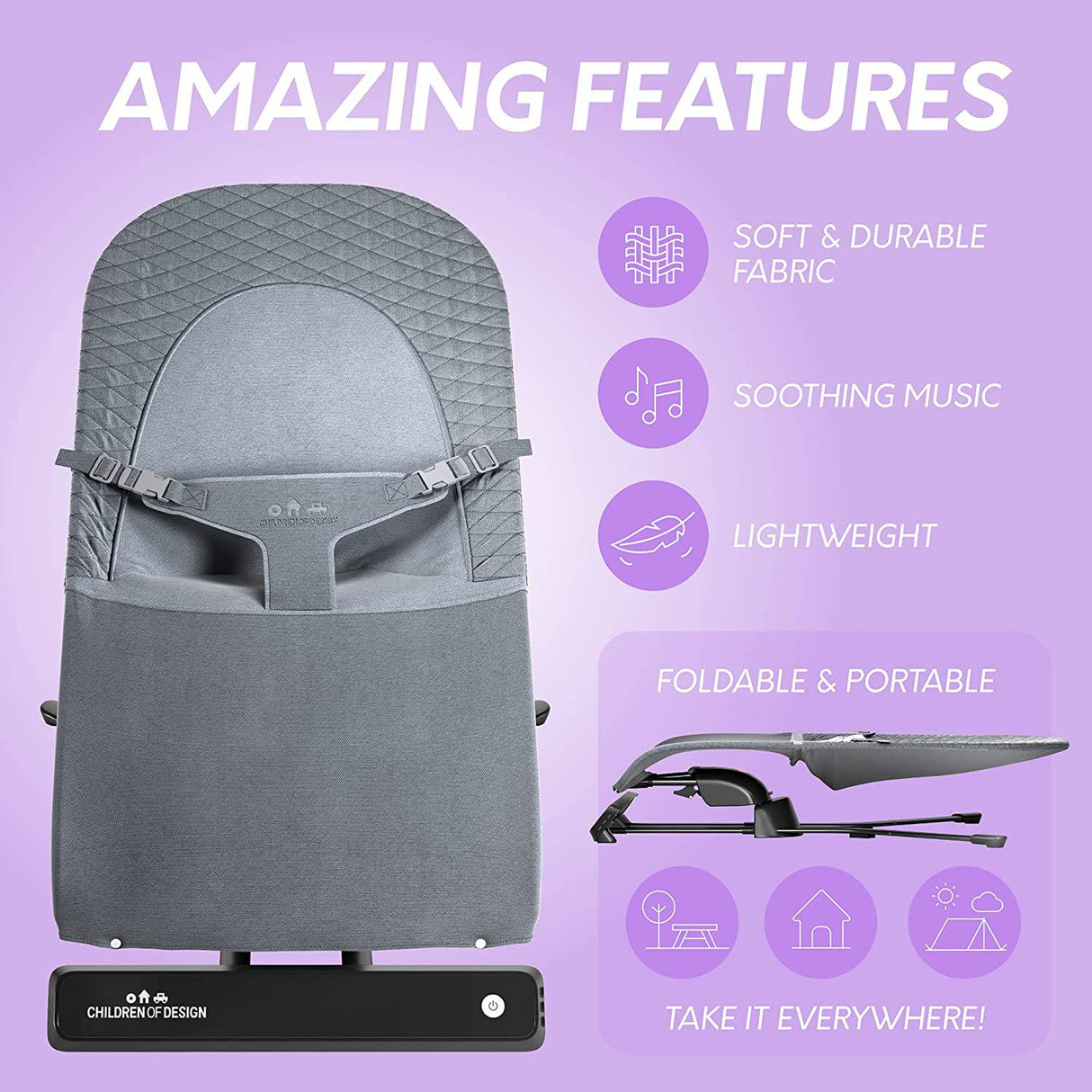 Children of Design Mecedora eléctrica para bebés, recién nacidos y bebés, columpio portátil para bebés y asiento mecedor con música y balanceo y vibraciones naturales, múltiples posiciones + control remoto - gris - DIGVICE MX