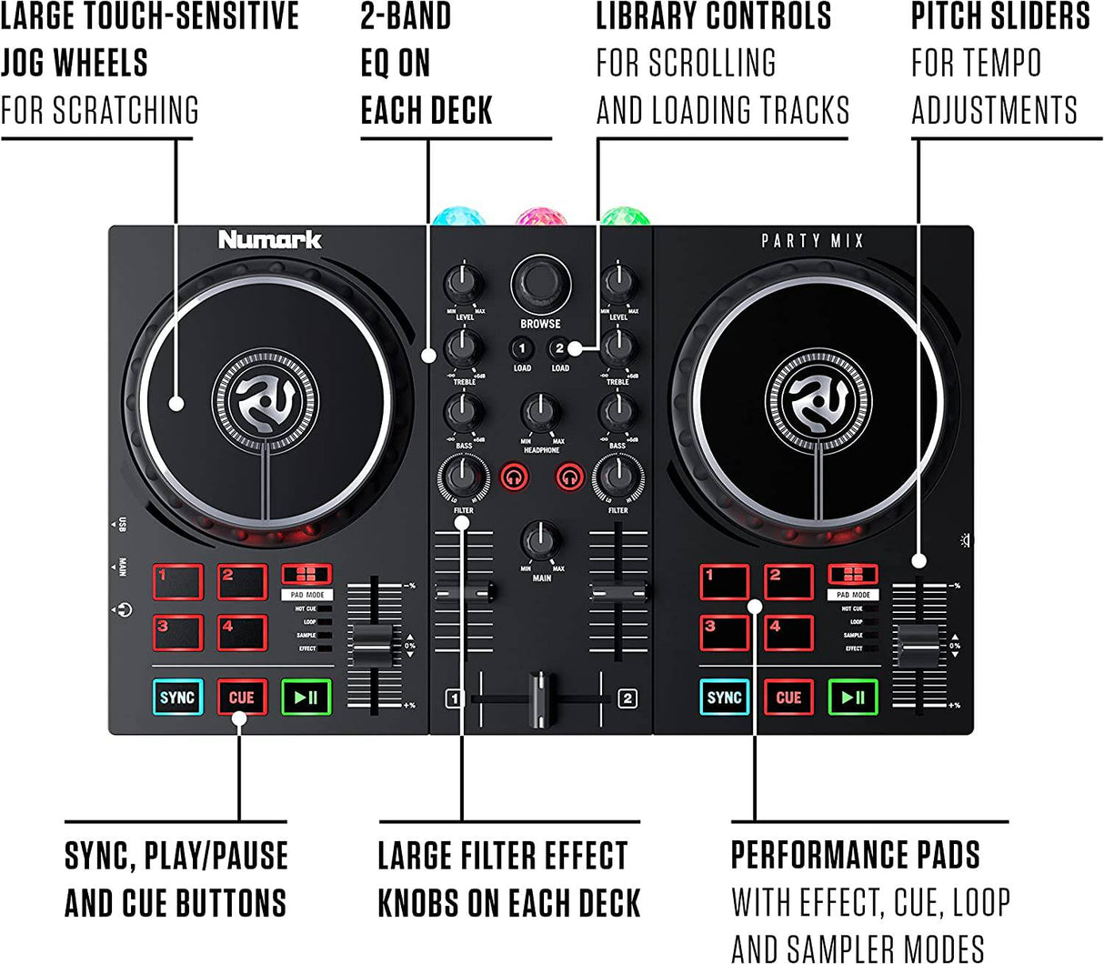 Numark Party Mix II - Controlador de DJ con luces de fiesta, set de DJ con 2 decks, mezclador de DJ, interfaz de audio y conectividad USB + Serato DJ Lite