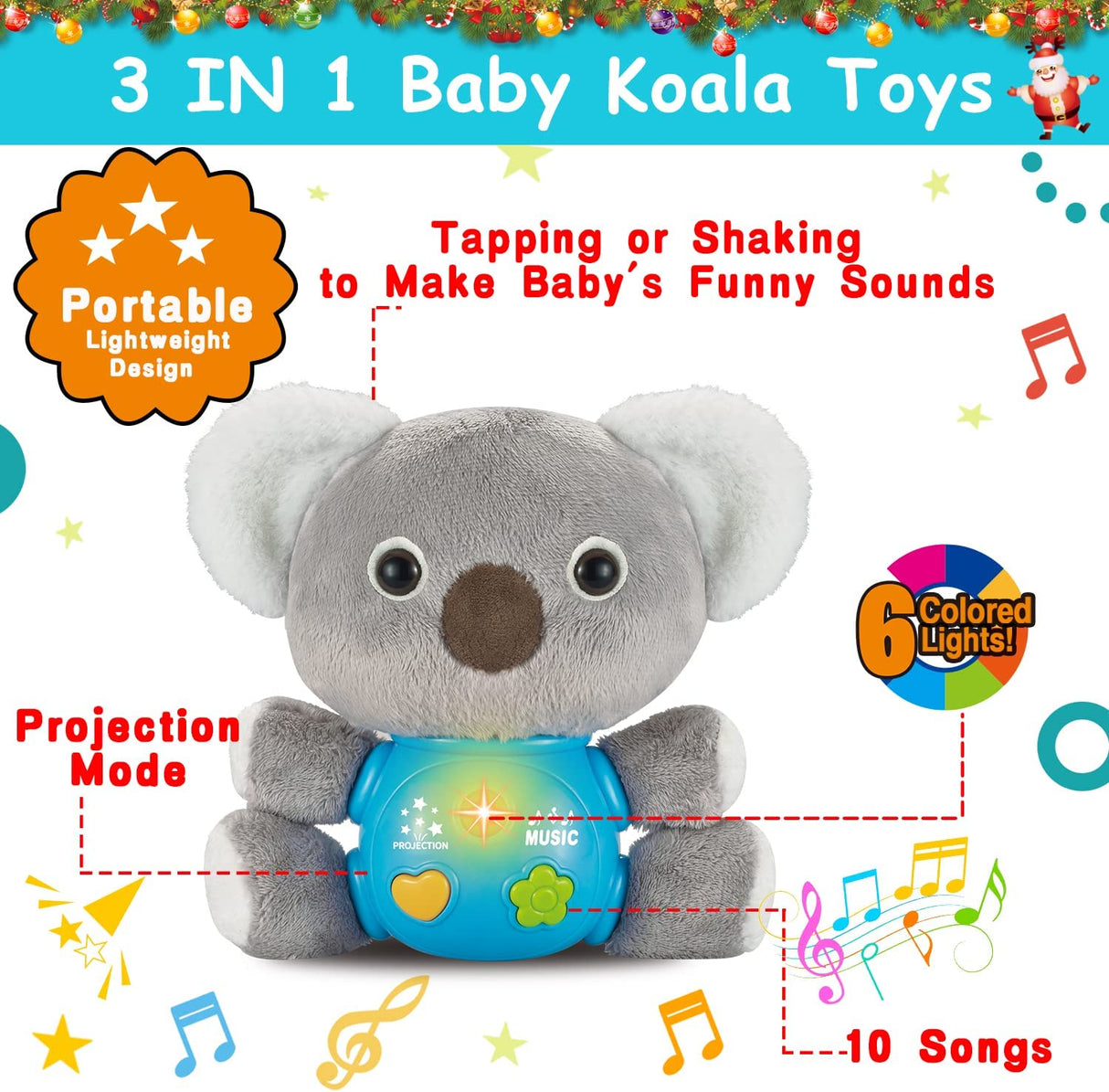 Qirptey - 3 en 1 Koala de peluche Juguetes musicales para bebés Proyector de estrellas - B0BCF26CFB