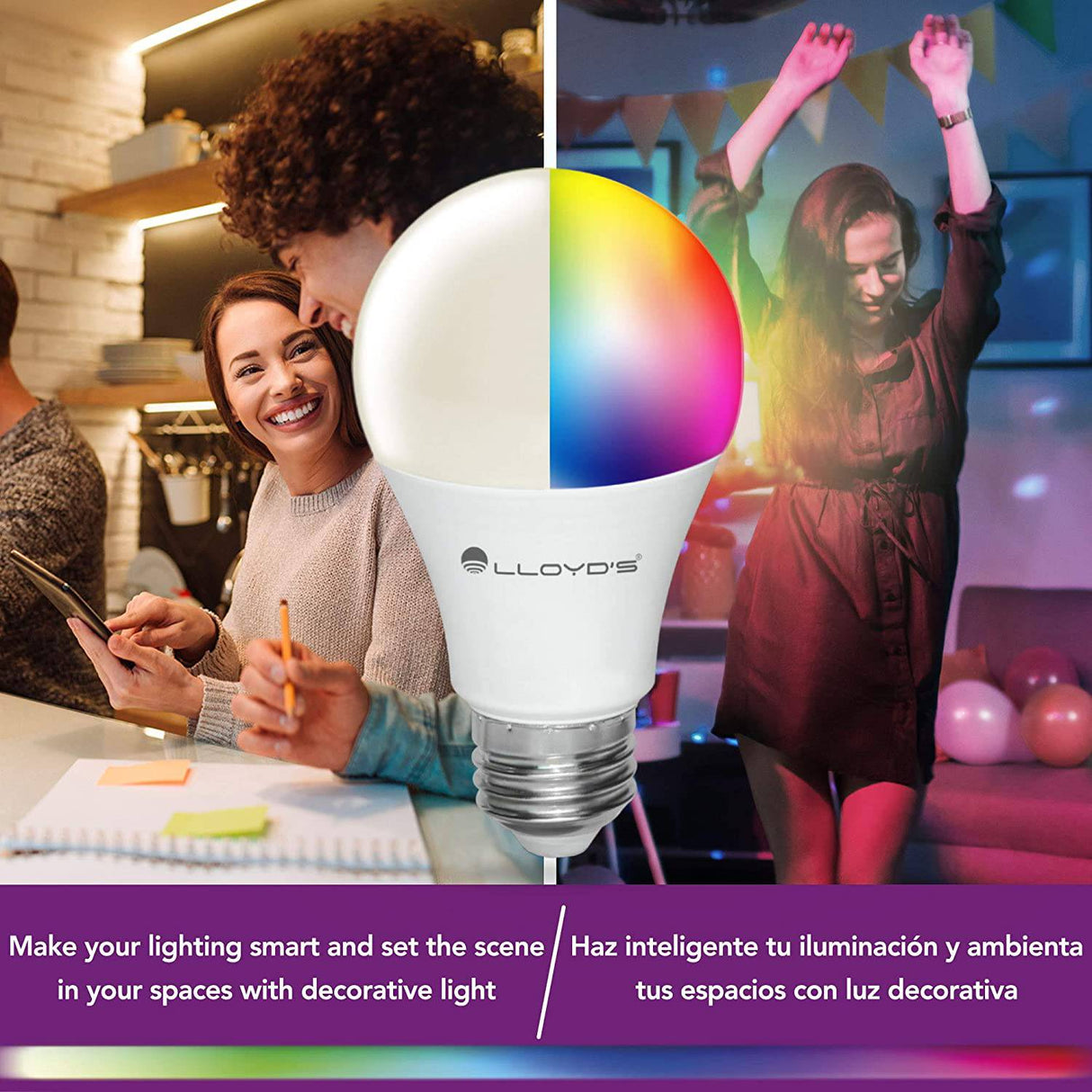 LLOYD´S - Bombilla WiFi Smart A19, multicolor + rango de luz blanca (blanco cálido a blanco frío, 2700K-6500K), funciona con Alexa y Google Home, 9 W, no requiere concentrador, regulable desde la aplicación, para redes de 2,4 GHz - DIGVICE MX