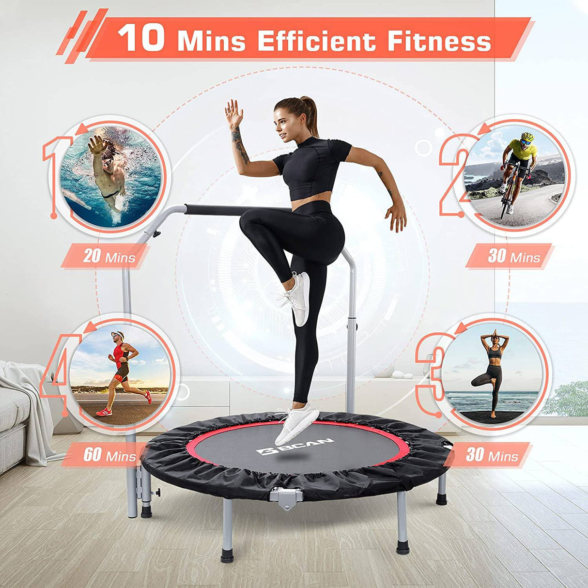 BCAN Mini trampolín plegable de 40 pulgadas, reboteador de fitness con mango de espuma ajustable, trampolín de ejercicio para adultos, entrenamiento en interiores/jardín, carga máxima de 330 libras/440 libras