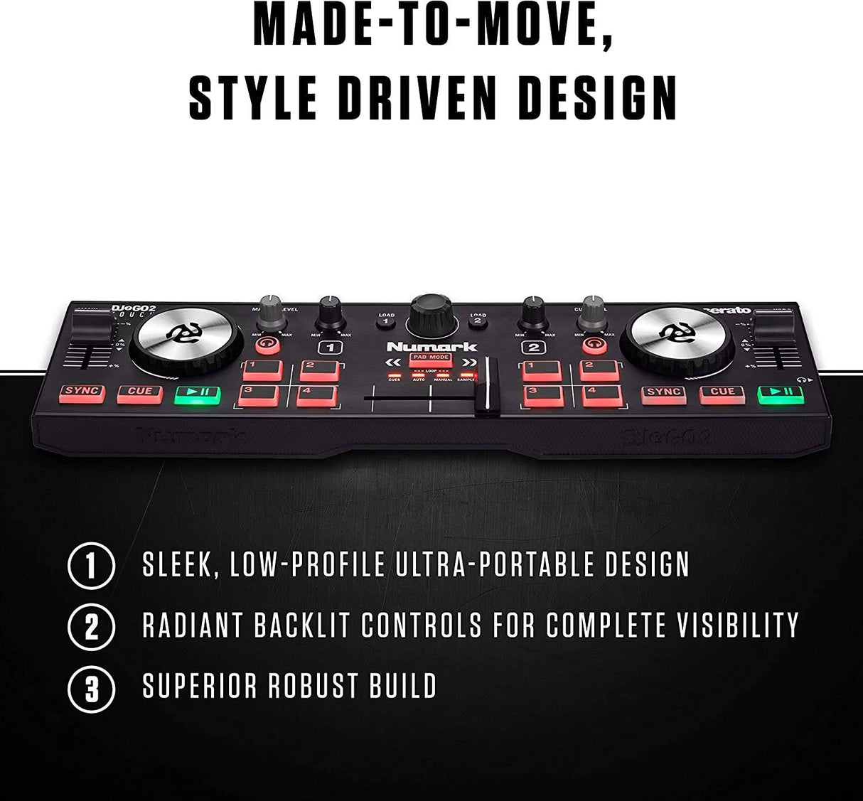 Numark DJ2GO2 Touch - Controlador de DJ USB compacto de 2 decks para Serato DJ con mezclador/crossfader, interfaz de audio y jog wheels táctiles capacitivos