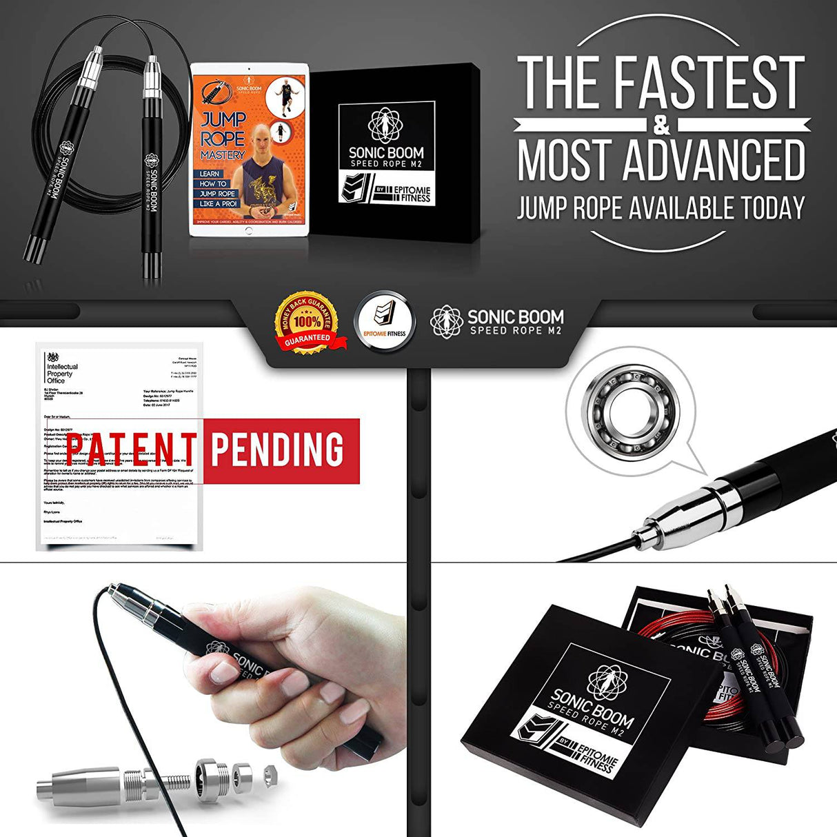 Epitomie Fitness Sonic Boom M2 Cuerda para saltar de alta velocidad - Patente pendiente Autoblocante, diseño sin tornillos - Pesado, giro de 360 grados, empuñadura de silicona con 2 cables de cuerda de velocidad para entrenamiento en el hogar y más