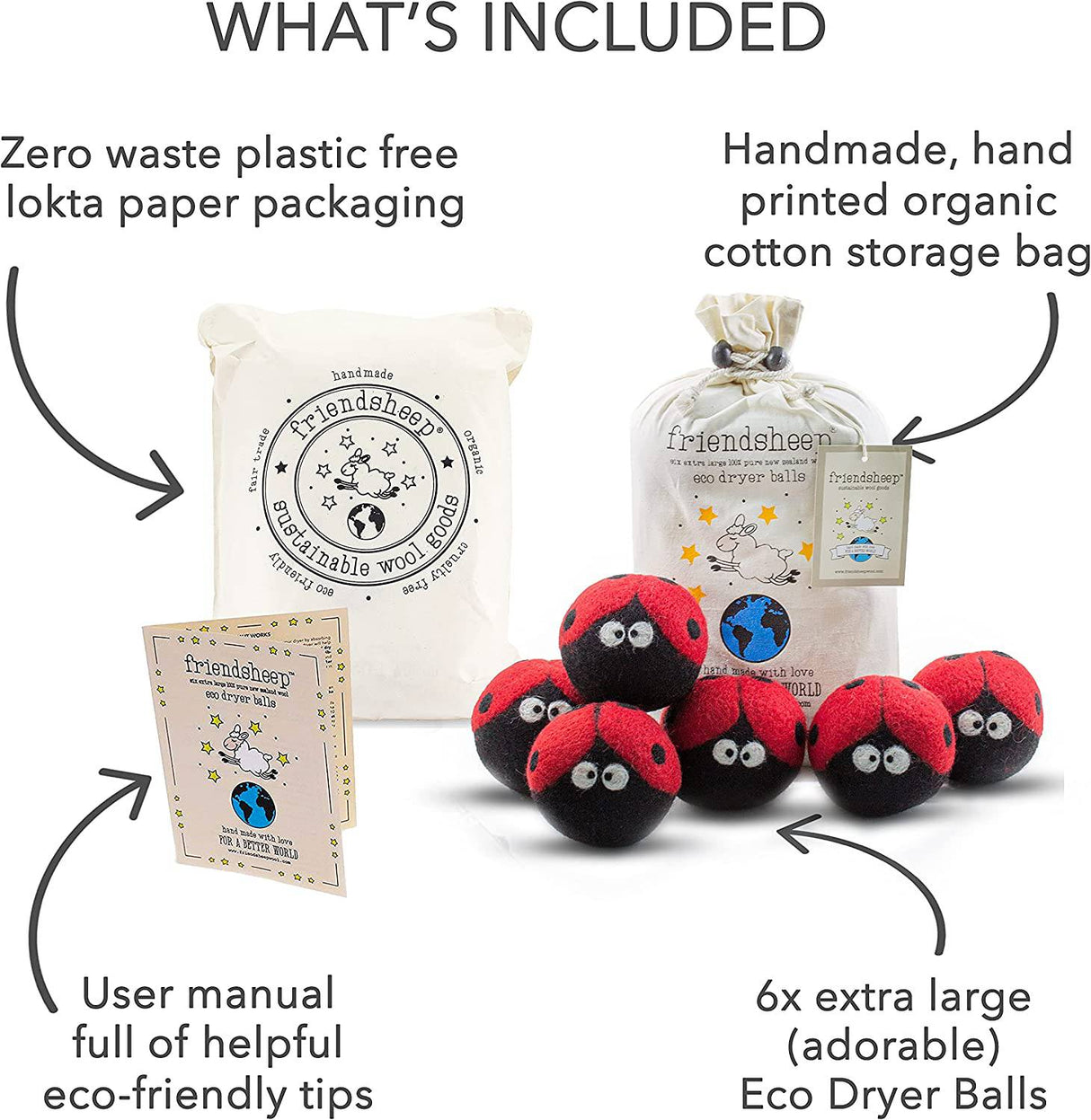 Friendsheep - Bolas para secadora de lana (6 unidades, XL, orgánicas, premium, reutilizables, sin crueldad, hechas a mano, de comercio justo, sin pelusa, suavizante de telas, mariquitas - Lavandería) - DIGVICE MX