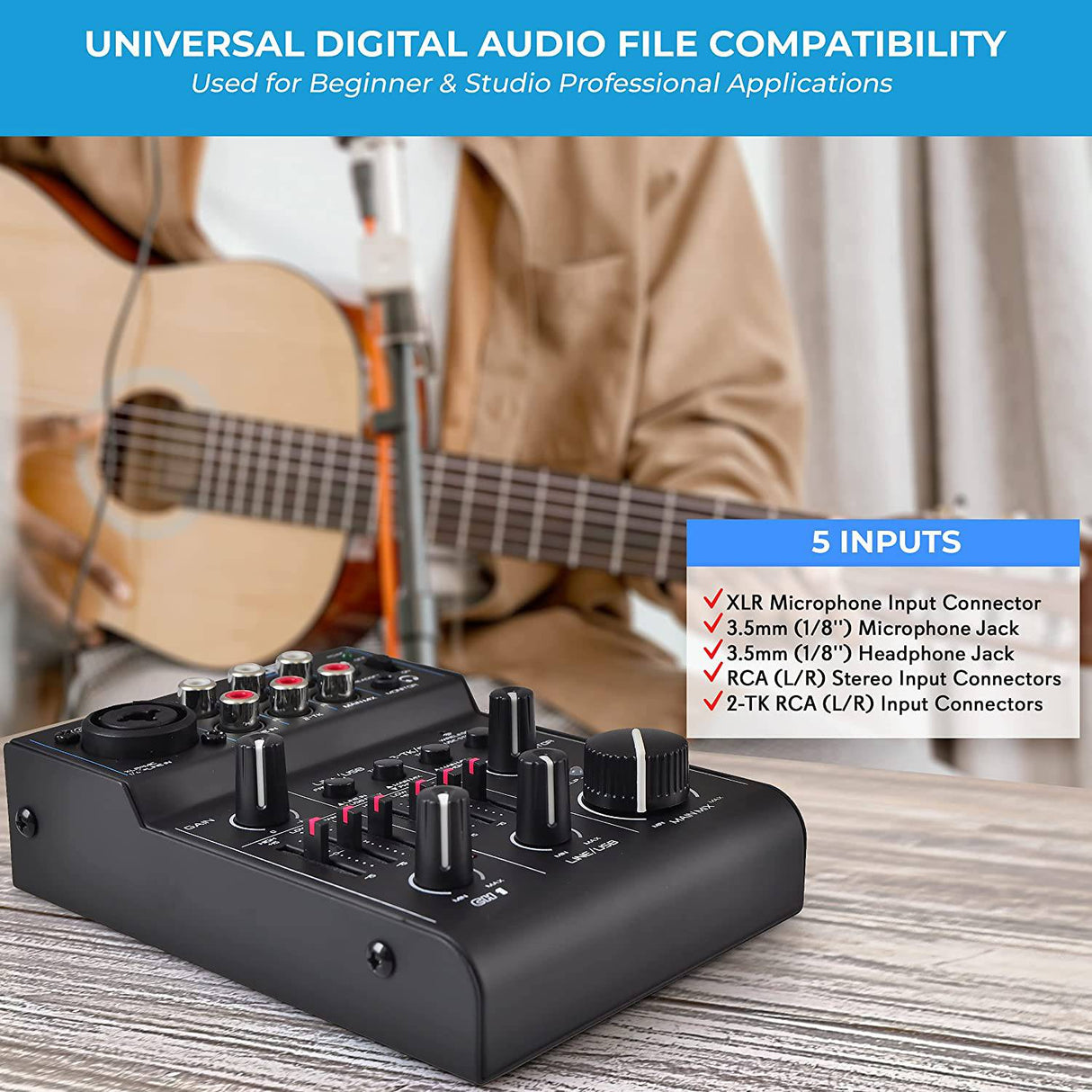 PYLE Mezclador de audio Bluetooth de 3 canales - Interfaz de controlador de sonido DJ, USB para grabación en PC, XLR, conector de micrófono de 3,5 mm, alimentación de 18 V, entrada/salida RCA para profesionales y principiantes - PAD30MXUBT