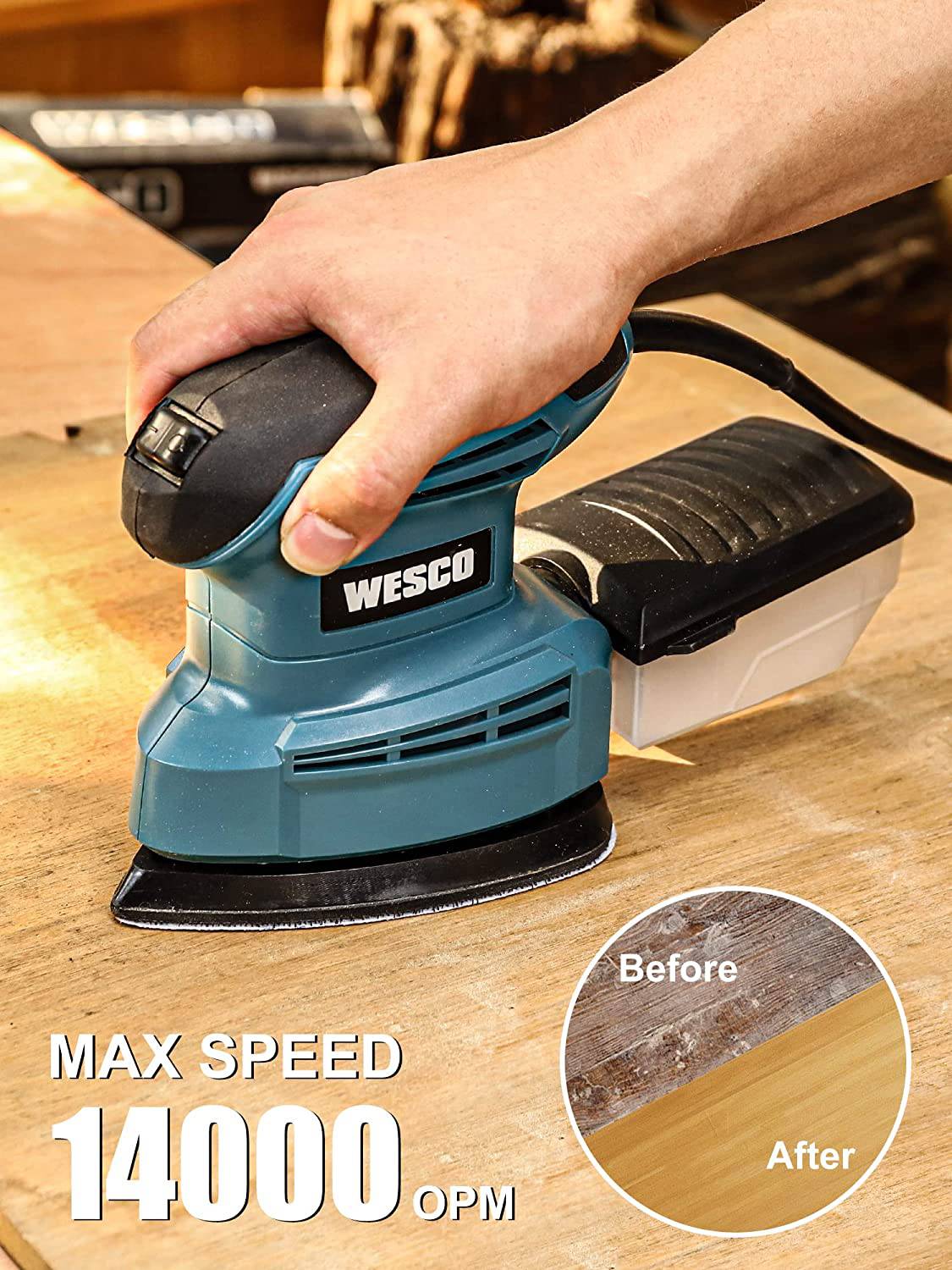 WESCO - Lijadora de detalle , Compact 1.3A Detail Sander con 12 piezas de papel de lija, 14,000 OPM, bajo consumo de energía, sistema eficiente de recolección de polvo, para lijado de detalle en la decoración del hogar - DIGVICE MX