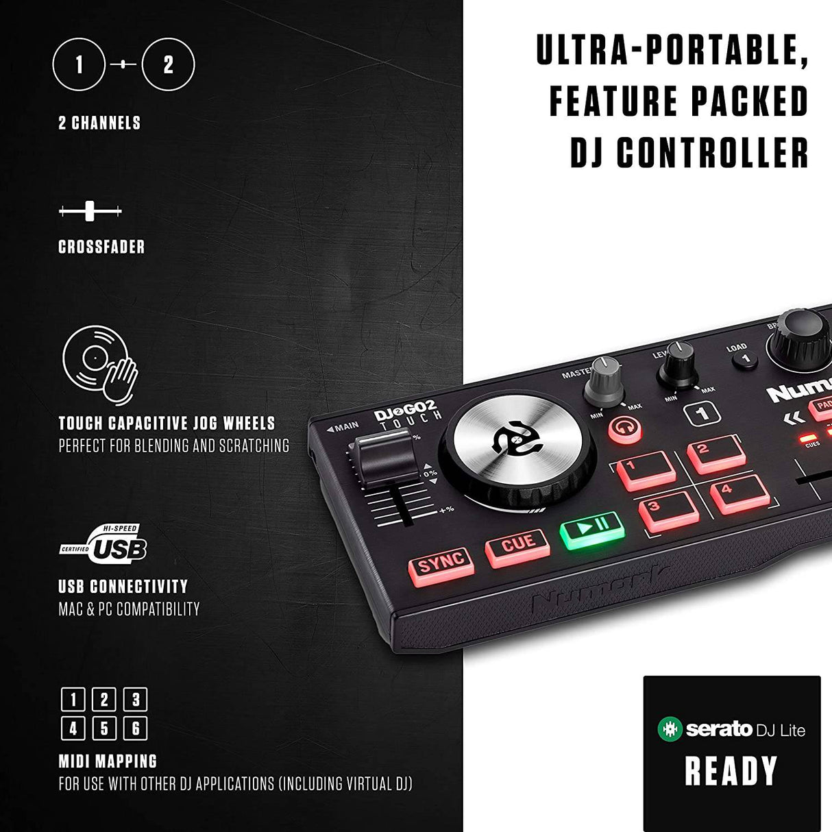 Numark DJ2GO2 Touch - Controlador de DJ USB compacto de 2 decks para Serato DJ con mezclador/crossfader, interfaz de audio y jog wheels táctiles capacitivos