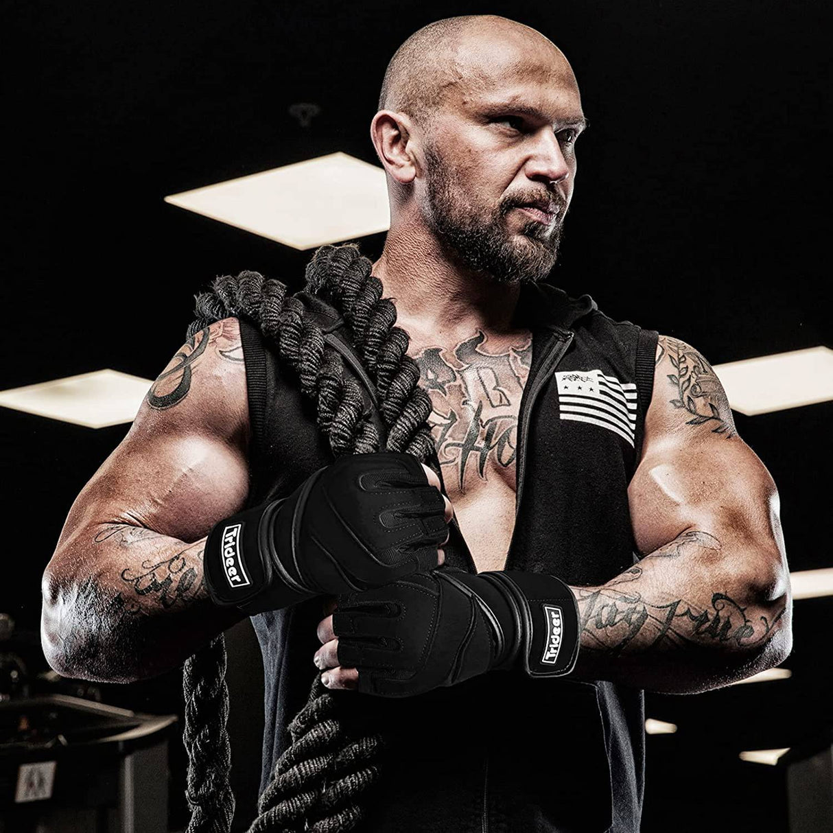 Trideer Guantes de Entrenamiento Acolchados para Hombres - Guantes de Levantamiento de Pesas para Gimnasio con Muñequera, Protección Completa para la Palma y Empuñaduras Extra