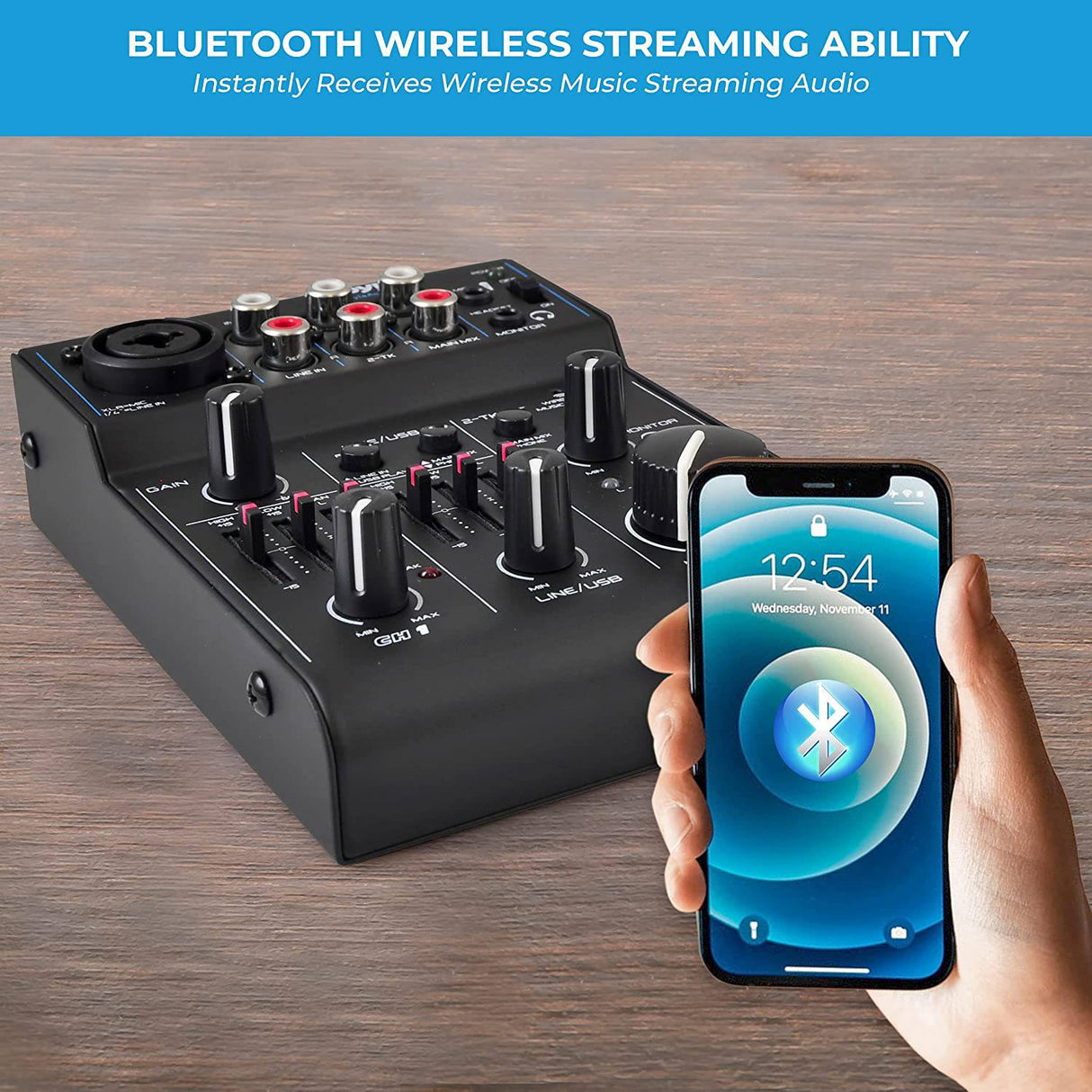 PYLE Mezclador de audio Bluetooth de 3 canales - Interfaz de controlador de sonido DJ, USB para grabación en PC, XLR, conector de micrófono de 3,5 mm, alimentación de 18 V, entrada/salida RCA para profesionales y principiantes - PAD30MXUBT