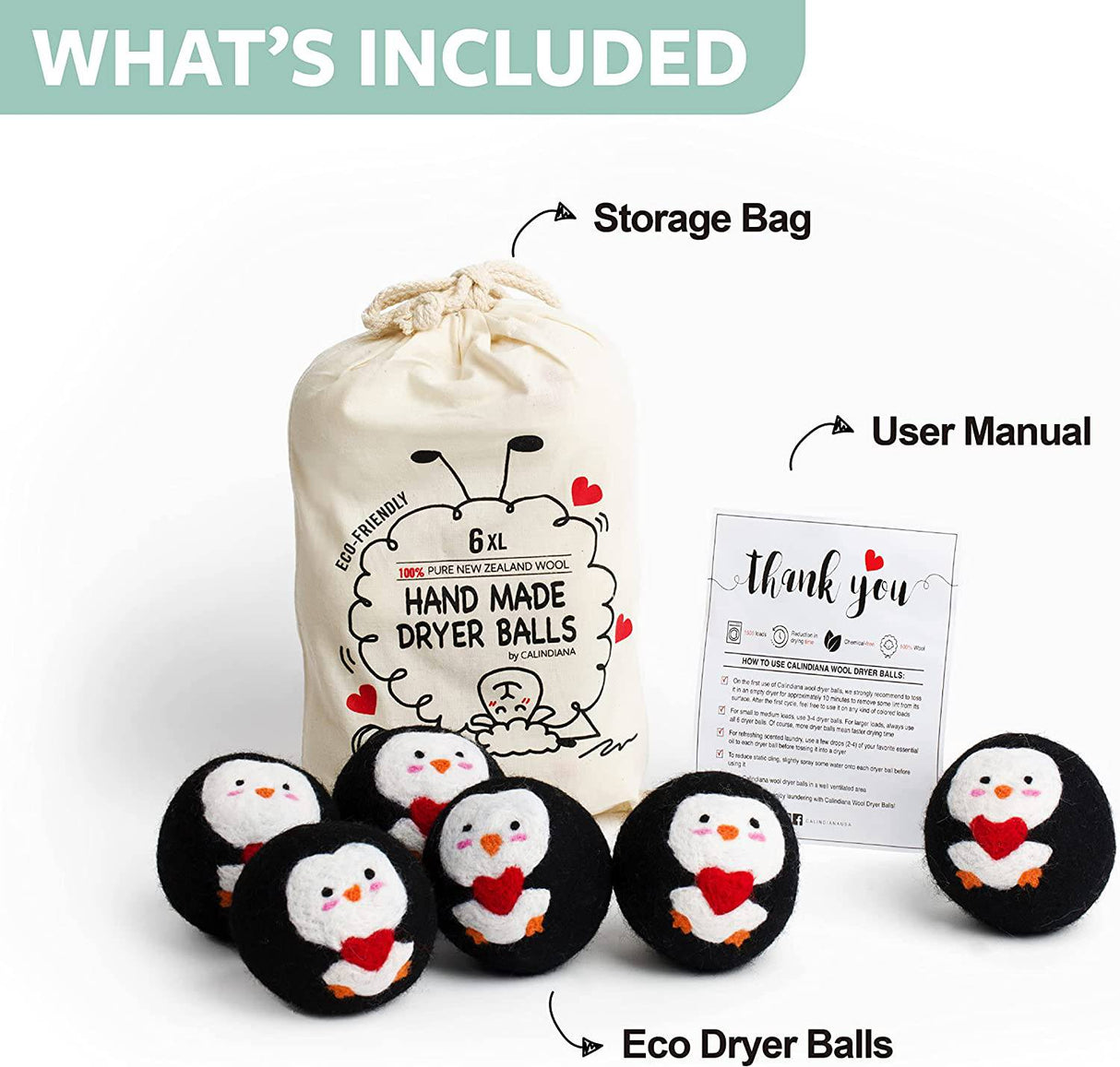Calindiana - Bolas para secadora de lana de Nueva Zelanda 100% orgánicas de primera calidad, suavizante de tela reutilizable para la colada, bonita alternativa a las hojas de secadora, antiestático, tamaño XL, paquete de 6, pingüino negro - DIGVICE MX