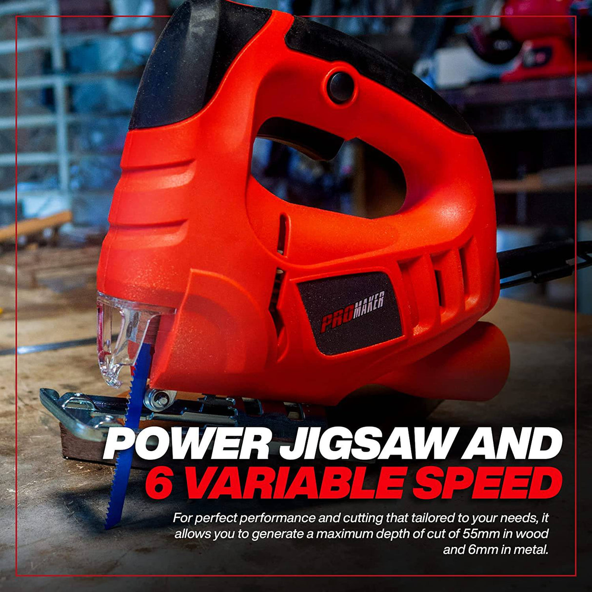 Promaker Sierra caladora, 3,5 Amp 400 W, cortadora de madera con 6 velocidades variables, corte biselado de hoja ajustable de 0 a 45º, sierra de vaivén con cable, profundidad de corte: 55 m para madera y 6 mm para metal. 800-3000 SPM, Promaker PRO-SC400 - DIGVICE MX