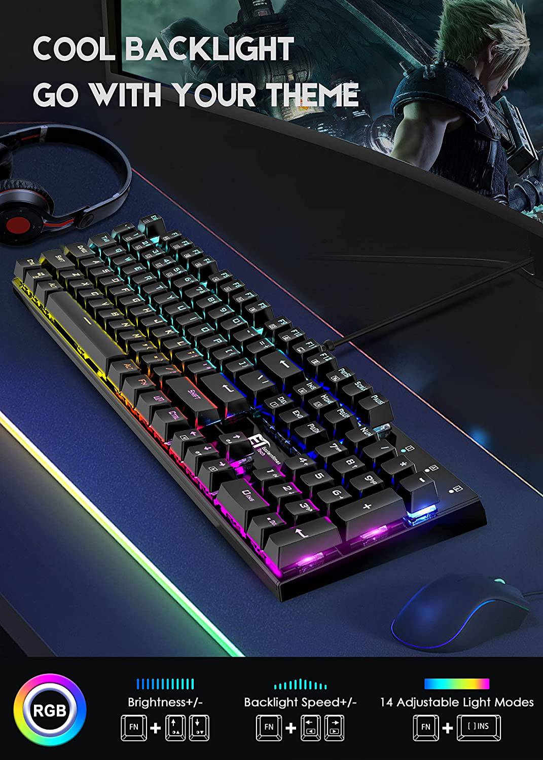 MIQ - Teclado mecánico para juegos, teclado RGB con cable de 104 teclas con interruptor azul, retroiluminación RGB programable para PC para juegos con Windows