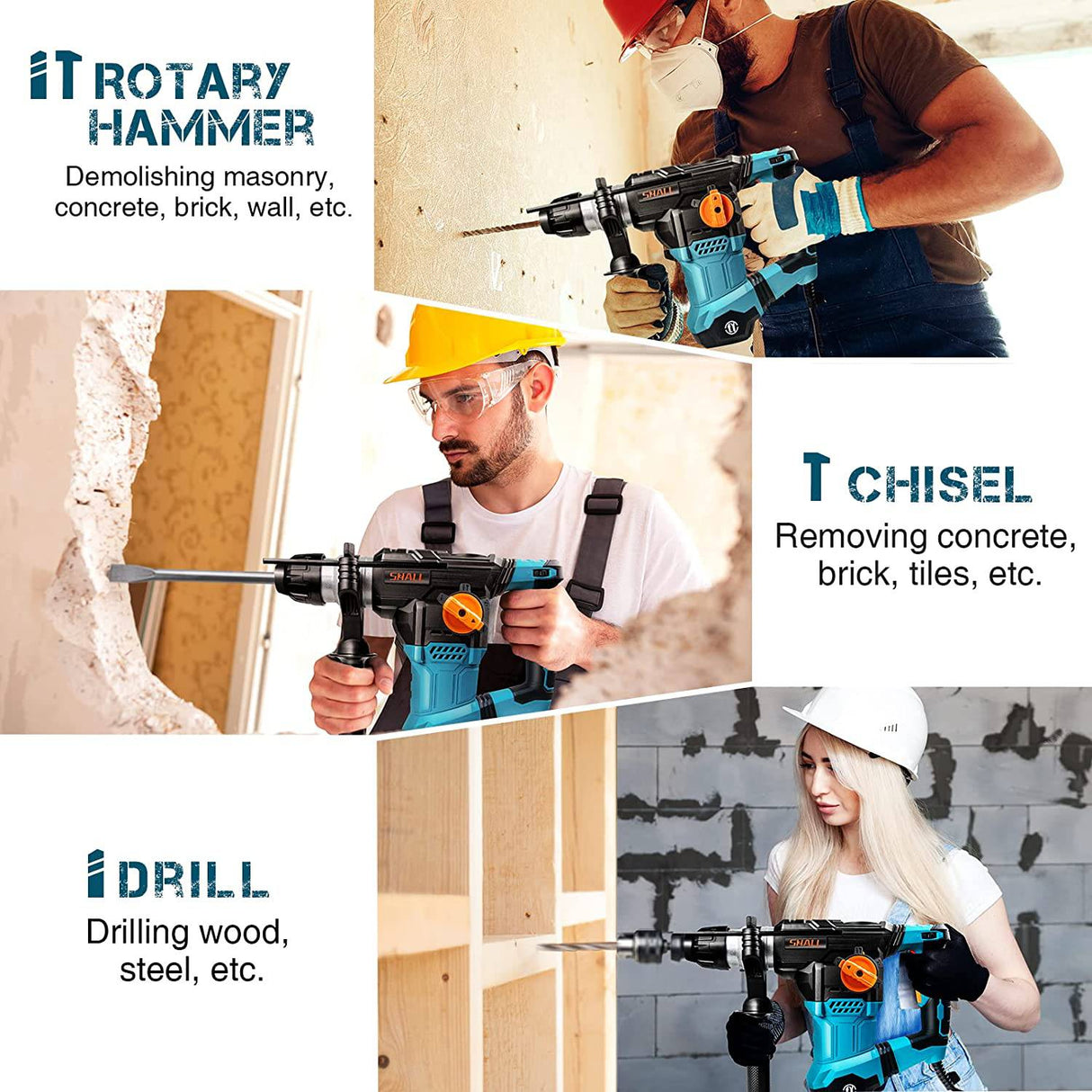 SHALL Taladro de martillo rotatorio de alta resistencia SDS-Plus de 1-1/4 pulgadas, rotomartillo de 12,5 amperios, una perilla, 4 funciones con control de vibración, cincel plano, cincel de punta y 3 brocas incluidas, 950 RPM - DIGVICE MX