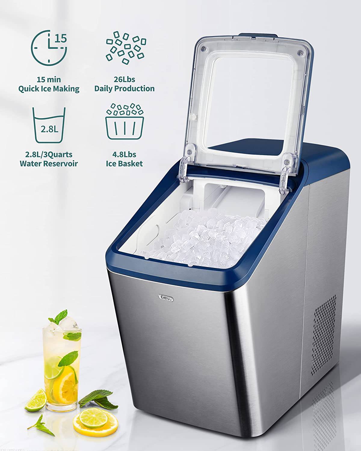 GEVI - Máquina para hacer hielo para el hogar con aislamiento grueso | Máquina portátil de hielo en pellets con autolimpieza | Producción silenciosa máxima de 29 lb/día | Carcasa de acero inoxidable - DIGVICE MX