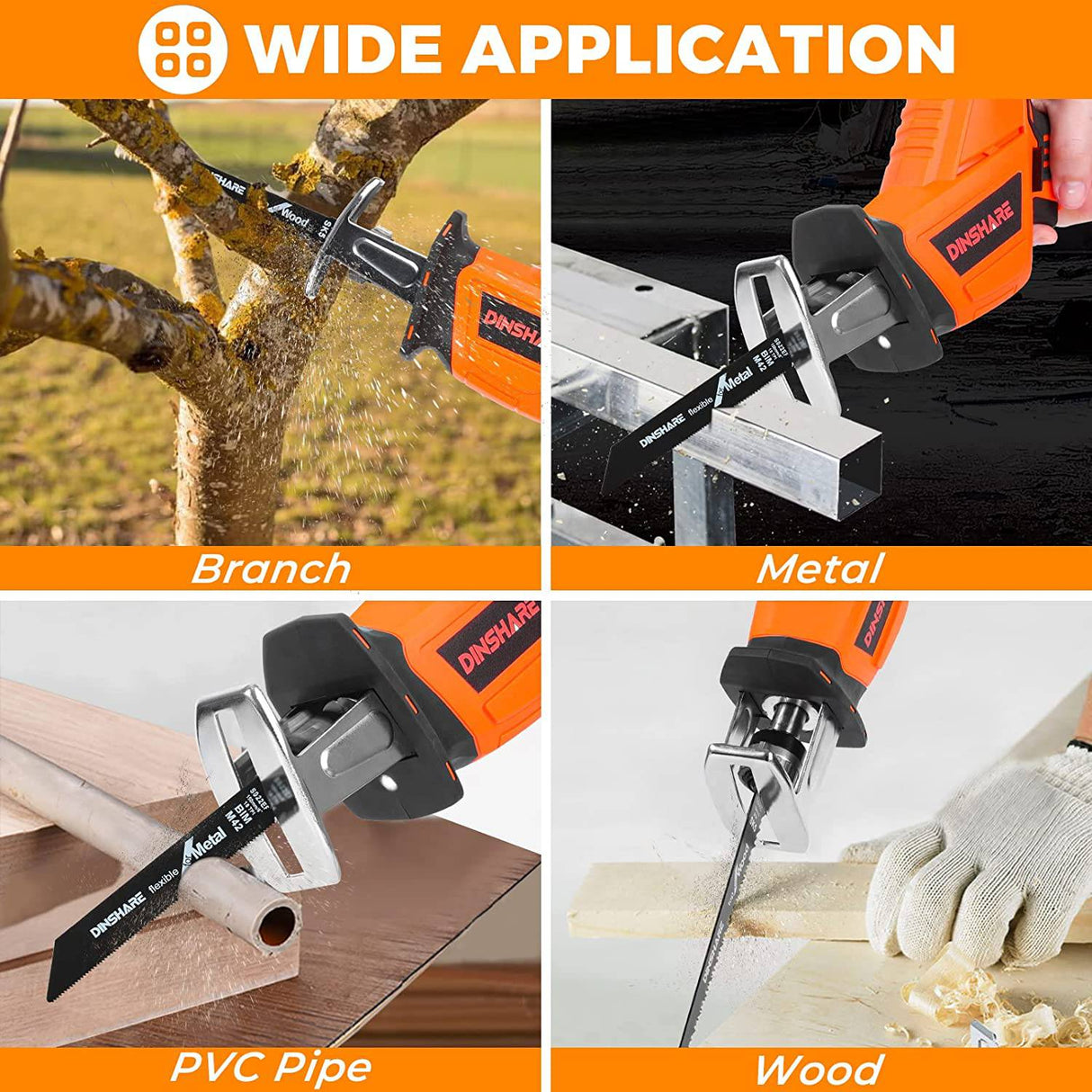 DINSHARE Sierra recíproca inalámbrica: alimentada por batería de 20 V 2,0 Ah con corte de alta eficiencia, cargador rápido de 45 minutos, 6 hojas de sierra, cambio de hoja sin herramientas, - DIGVICE MX