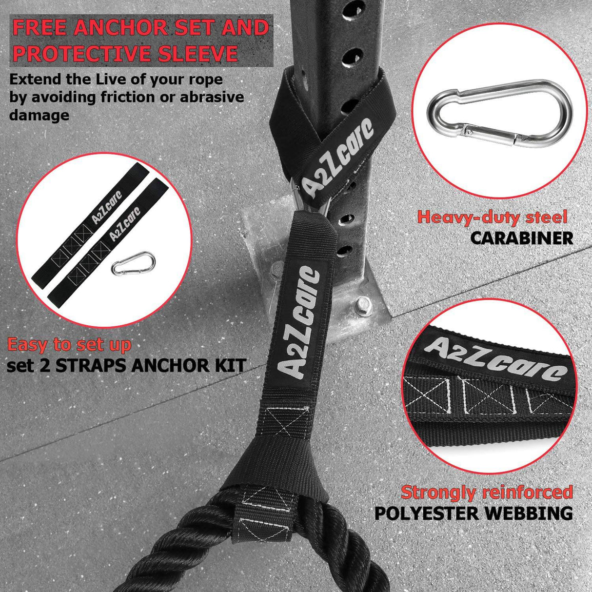 A2ZCARE Kit de anclaje de cuerda de batalla, configuración fácil y rápida, incluye guía de ejercicios - Kit de anclaje de cuerda de batalla de fitness con gancho de seguridad de acero inoxidable y correas reforzadas resistentes