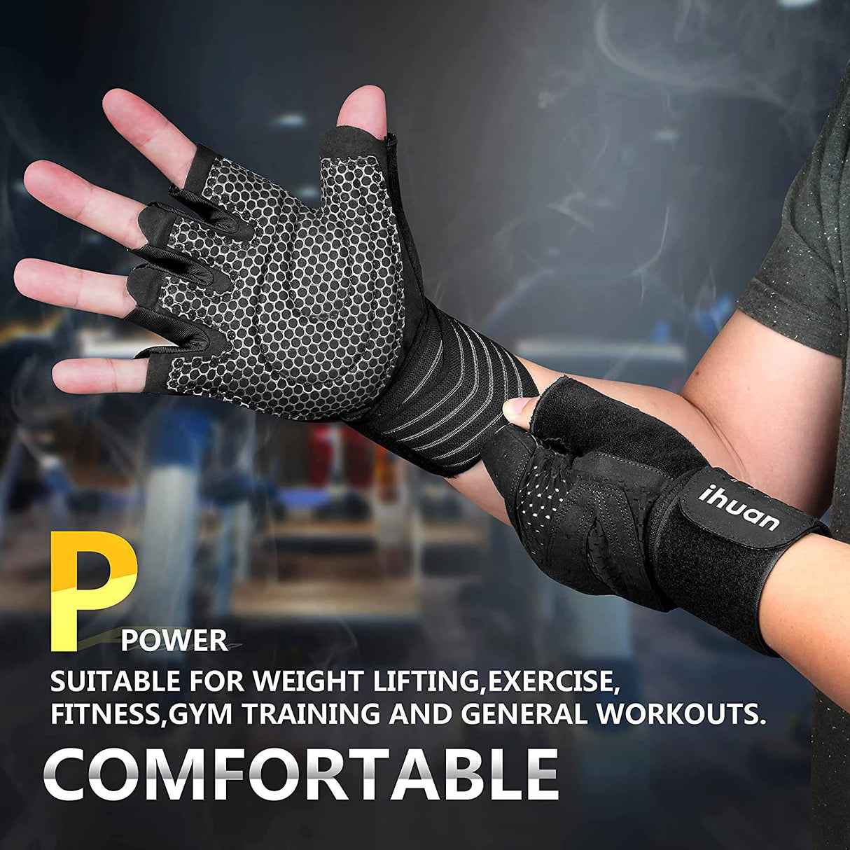 ihuan - Guantes ventilados para levantamiento de pesas, gimnasio, entrenamiento, con muñequera, para hombres y mujeres