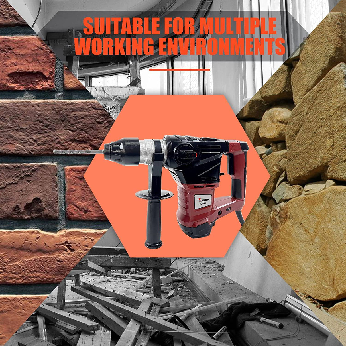 Taladro percutor rotativo 14,6 Amp, JACKCHEN 1-1/4'' SDS-Plus, taladro eléctrico 6J 1100BPM/4700RPM, 3 funciones, ideal para hormigón y piedras (rojo) - DIGVICE MX