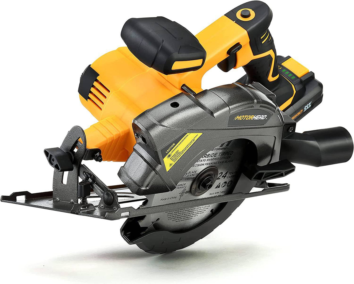 MOTORHEAD 20V ULTRA Sierra circular inalámbrica de 6-1/2 pulgadas, iones de litio, guía láser, LED, guía de corte, bisel de 0-50, batería de 2 Ah y cargador rápido, bolsa, 2 cuchillas incluidas, 24T, 40T, con sede en EE. UU. - DIGVICE MX