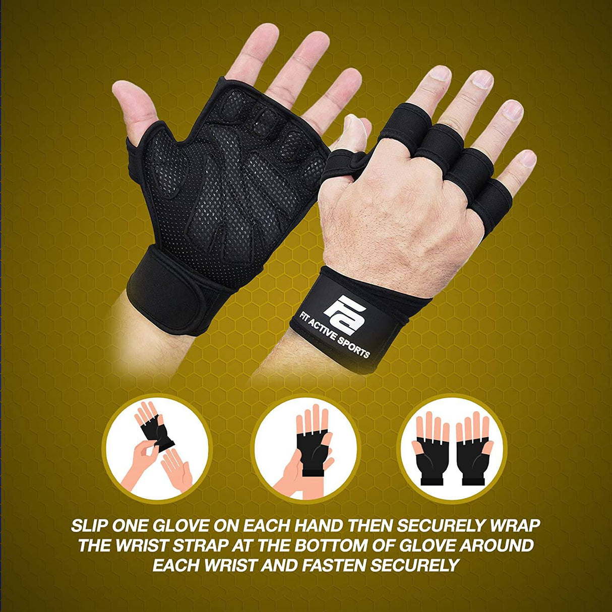 Fit Active Sports - Guantes de entrenamiento de levantamiento de pesas ventilados con muñequeras integradas para hombres y mujeres: ideales para gimnasio, entrenamiento cruzado, soporte de manos y levantamiento de pesas.