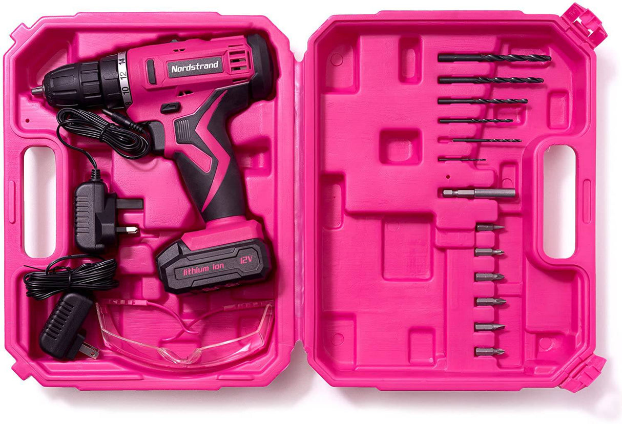Nordstrand Juego de taladro inalámbrico rosa – Kit de destornillador eléctrico para mujer – Batería de iones de litio recargable de 12 V – Caja de herramientas - DIGVICE MX