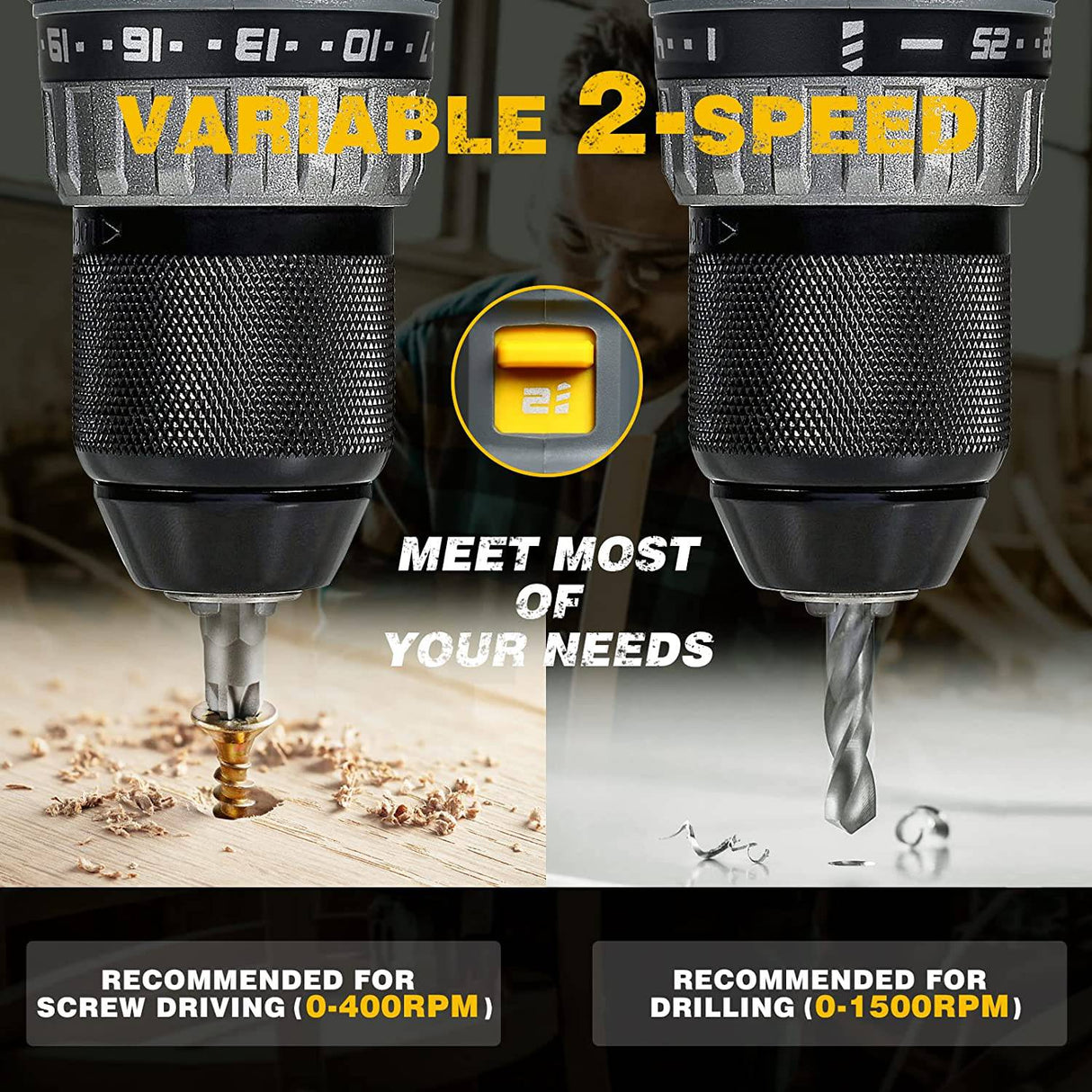 RIDA - Juego de taladros eléctricos inalámbricos de 20 V, portabrocas de metal sin llave de 1/2 pulgadas, par de torsión de 355 in-lb, batería de iones de litio de 2,0 AH y cargador rápido, velocidad variable, 25+1 posiciones y 21 brocas - DIGVICE MX