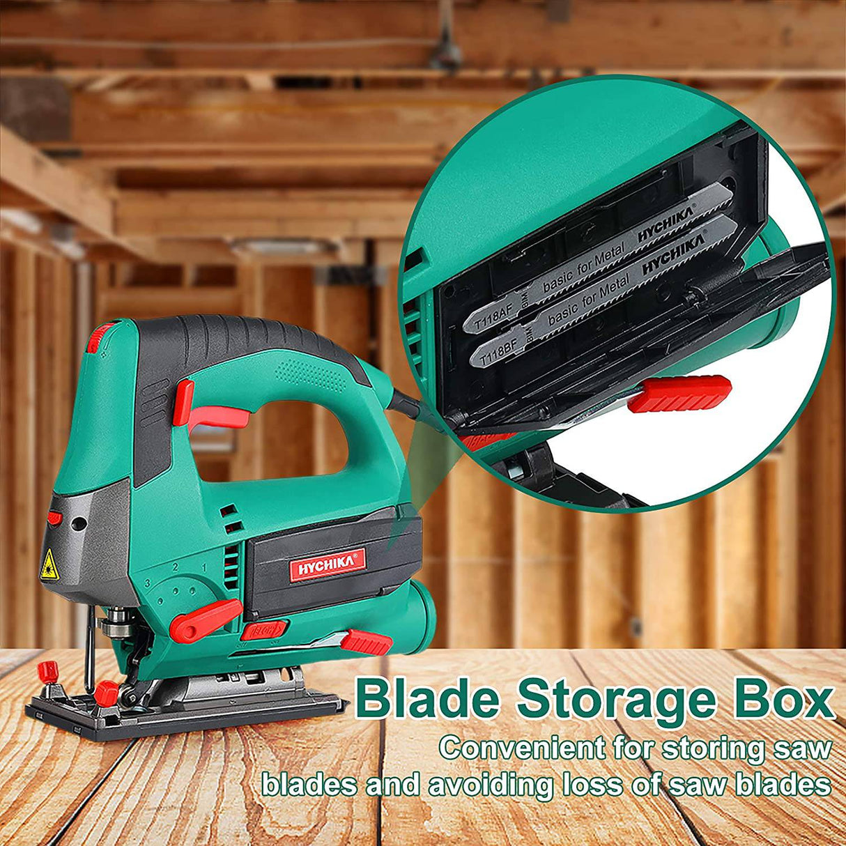 Sierra de calar, 6.7A 800W HYCHIKA Sierra de calar 800-3000SPM con 6 velocidades variables, 4 juegos orbitales, ángulo de bisel 45°, 6 cuchillas, motor de cobre puro, guía láser, estuche de transporte Madera Metal Corte de plástico - DIGVICE MX