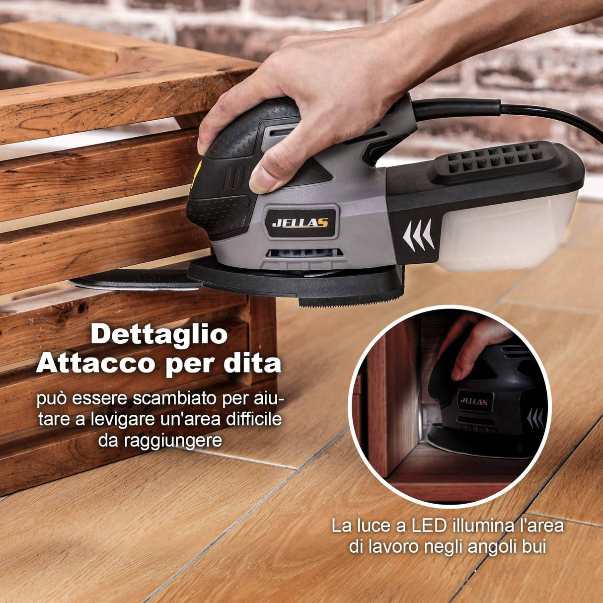 JELLAS - Lijadora de detalles , compacta para madera, lijadoras de 13,000 RPM, lijadora de mano de 2 amperios con 12 papeles de lija estándar, almohadillas de lijado incluidas, MS220-SD - DIGVICE MX