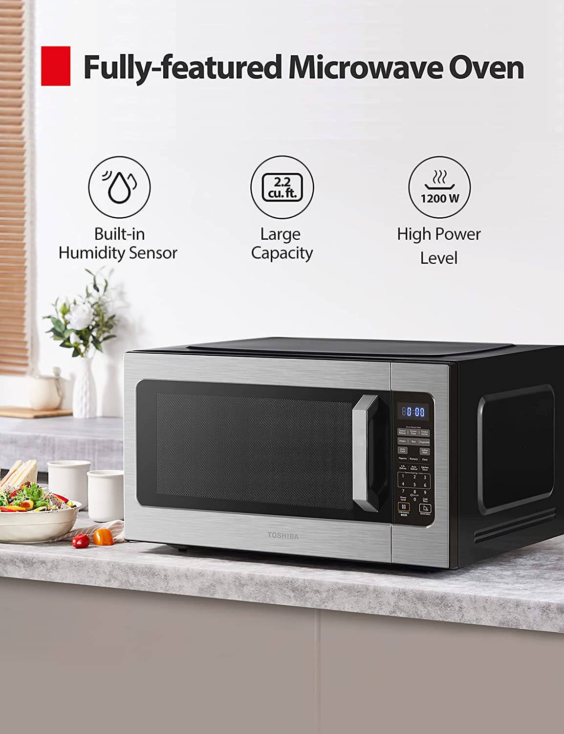 Toshiba - Horno de microondas ML2-EM62P(SS) con sensor de humedad incorporado, 6 menús preestablecidos automáticos, modo ECO, opción de encendido/apagado de sonido y función de memoria de posición 2.2 cu. pies, 1200 W, acero inoxidable - DIGVICE MX