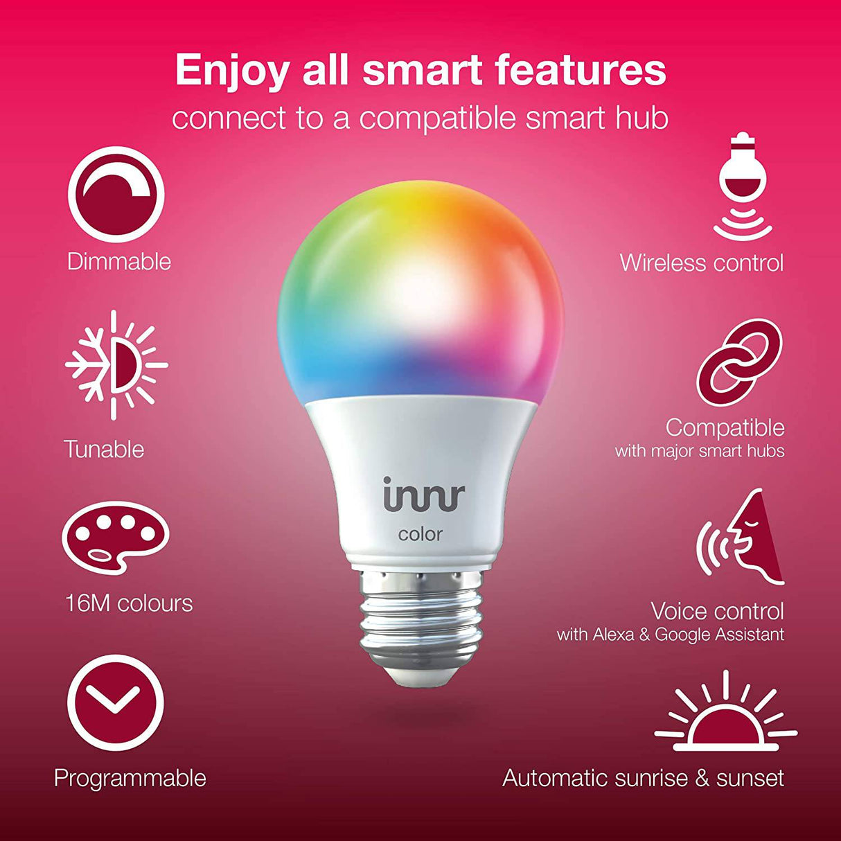 Innr Zigbee Smart Bulb A19 Color, funciona con Philips Hue, SmartThings, Alexa y Hey Google (se requiere Hub), bombilla LED RGBW regulable A19 con base E26, equivalente a 60 W, paquete de 2, AE 280 C-2 - DIGVICE MX