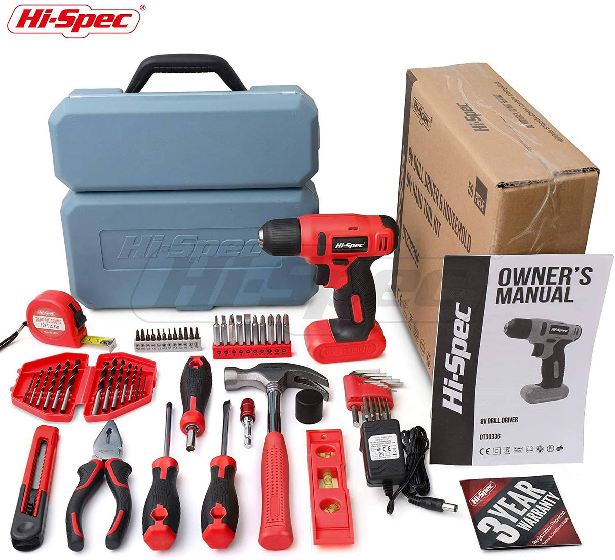 Kit Hi-Spec de 58 piezas con destornillador eléctrico de 8 V Power Drill y kit de herramientas de trabajo manual, color rojo Ligero, inalámbrico y recargable Juego completo en caja de herramientas de mano - DIGVICE MX