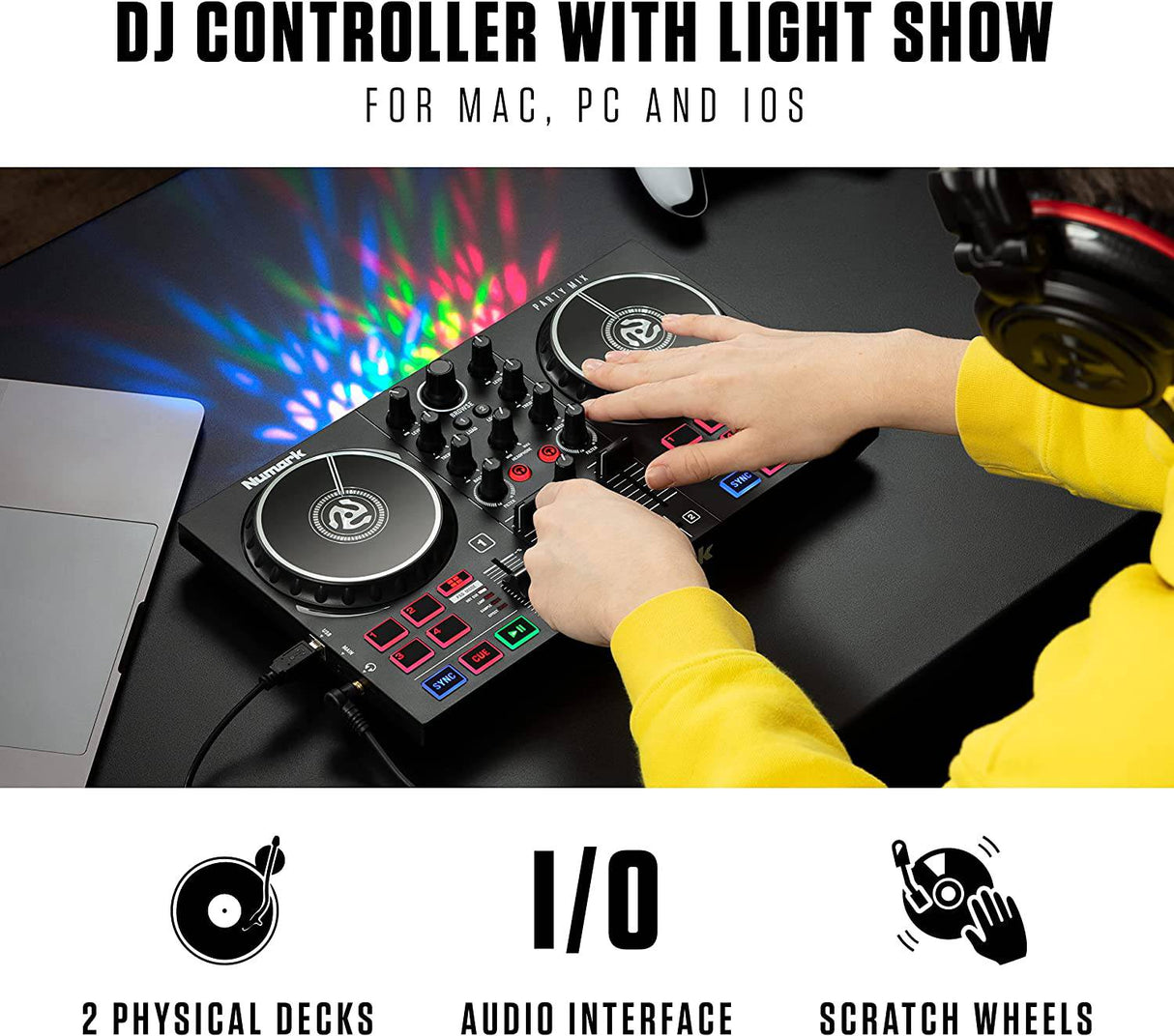 Numark Party Mix II - Controlador de DJ con luces de fiesta, set de DJ con 2 decks, mezclador de DJ, interfaz de audio y conectividad USB + Serato DJ Lite