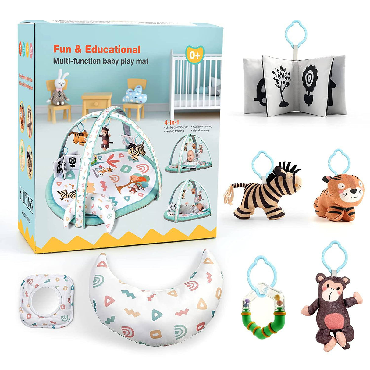 Kompoll Baby Play Gym 7 en 1 Baby Activity Gym Mat 0-12 meses con 2 fundas lavables con 6 juguetes antideslizante Playmat Baby Tummy Time Mat para exploración sensorial temprana y desarrollo de habilidades motoras (blanco) - DIGVICE MX