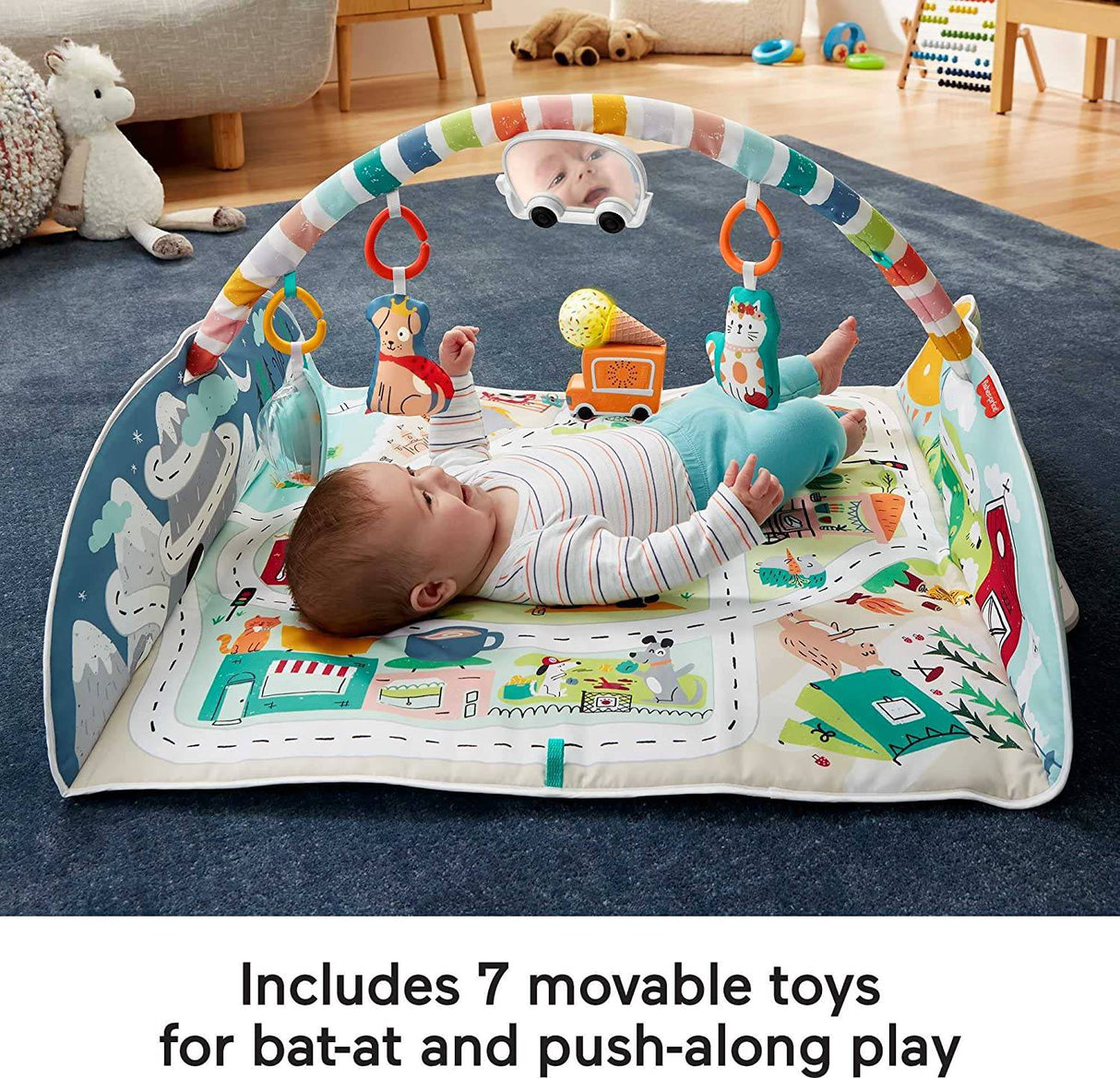 Fisher-Price Activity City Gym to Jumbo Playmat, Gimnasio de actividades para bebés y niños pequeños con música, luces, juguetes para vehículos y tapete de juego extragrande - DIGVICE MX