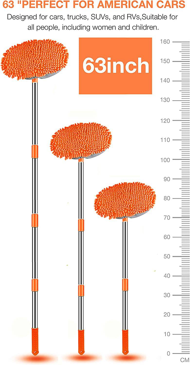 WillingHeart - Manopla de cepillo para fregona de lavado de coches de 63 pulgadas con mango largo más adecuado para lavar coches americanos, camiones, SUV, RV, remolques