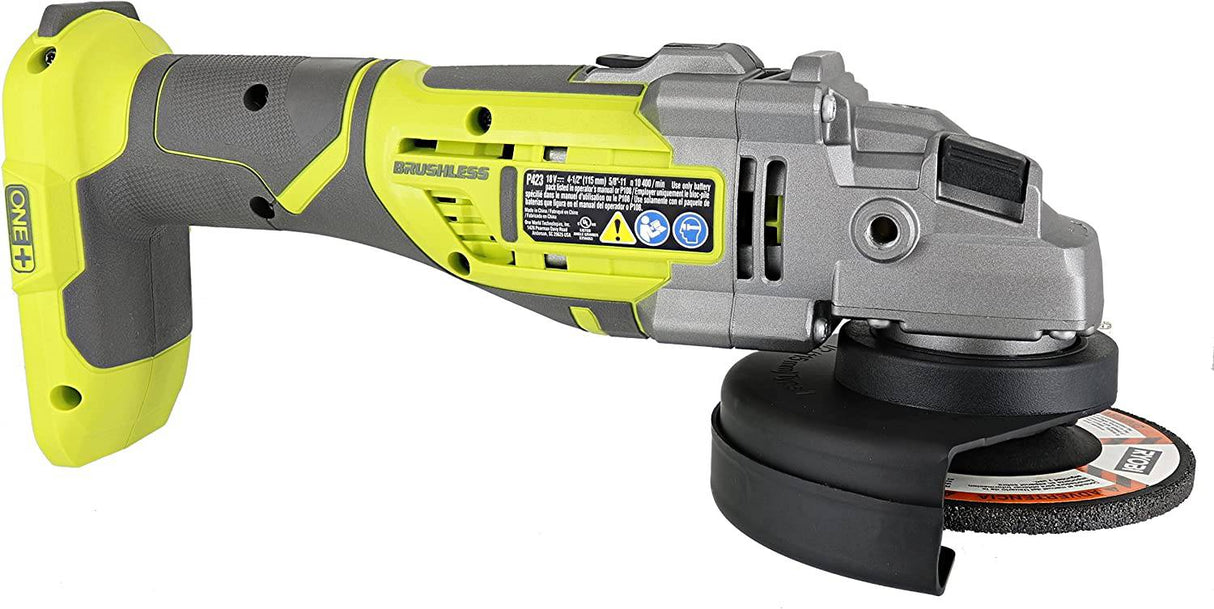 Ryobi P423 18V One+ sin escobillas 4-1/2" 10,400 RPM Amoladora y cortador de metal con mango lateral ajustable de 3 posiciones y llave inglesa integrada (batería no incluida, solo herramienta eléctrica) - DIGVICE MX