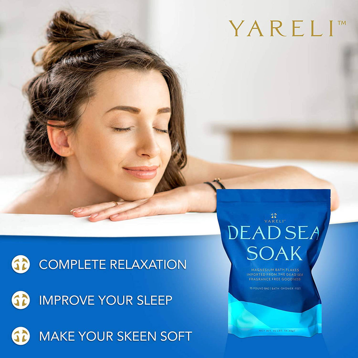 Yareli Dead Sea Bath & Foot Soak, copos de sal de baño de magnesio sin perfume, alternativa más fuerte a la sal de Epsom 15 libras