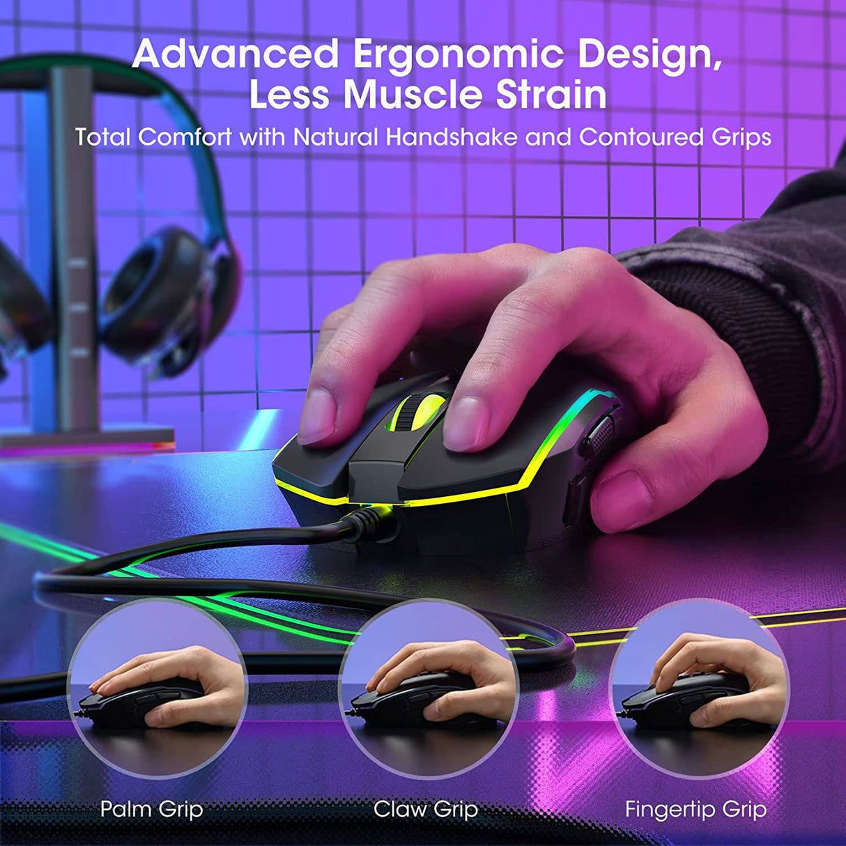 Cackbird Ratón para juegos RGB con cable, ratón para juegos de PC con 8 botones programables, retroiluminación Chroma RGB, 7200 DPI ajustable, empuñaduras laterales de goma, memoria integrada, ratón ergonómico USB
