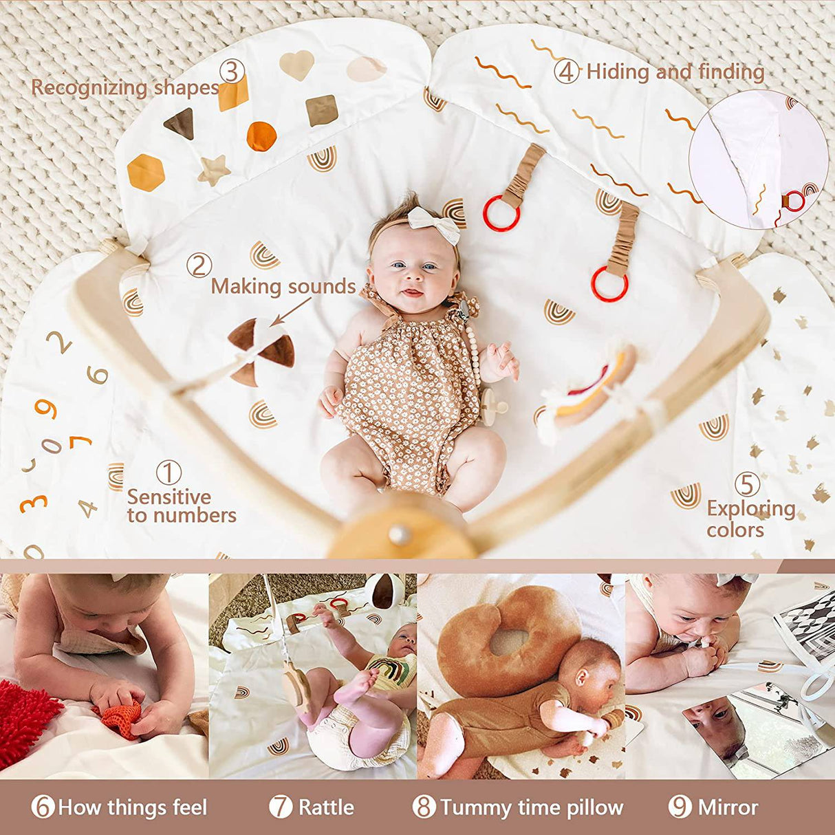 Baby play - Gimnasio de juegos para bebés, tapete de juegos para bebés Gimnasio de desarrollo para bebés basado en etapas y tapetes de juegos para bebés, recién nacidos, con 3 juguetes destacados, almohada y tapete para el tiempo boca abajo - DIGVICE MX