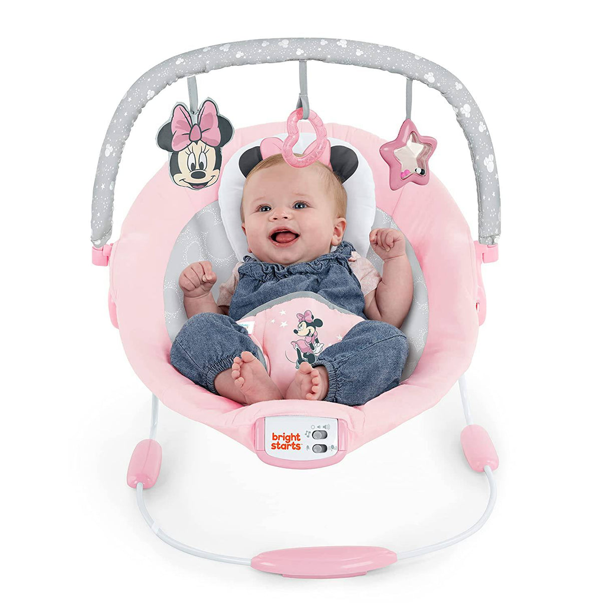 Bright Starts Minnie Mouse Rosy Skies Baby Bouncer con asiento vibratorio para bebés, música y 3 juguetes para jugar, 23 x 19 x 23 pulgadas (rosa) - DIGVICE MX