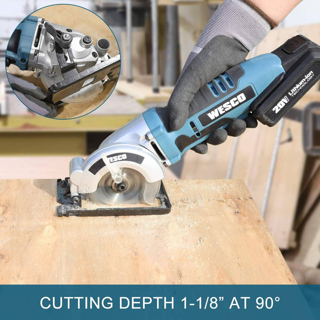 WESCO Mini sierra circular, 20 V 3-3/8 pulgadas, sierras de pista de mano inalámbricas, profundidad de corte máxima 1-1/8 pulgadas, mit guía paralela, hoja TCT 24T, para madera, hormigón, paneles de yeso, metal blando, azulejos y cortes de plástico - DIGVICE MX