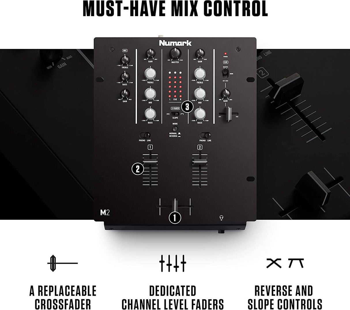 Numark M2 - Mezclador Scratch DJ de 2 canales, montaje en rack con ecualizador de 3 bandas, entrada de micrófono y crossfader reemplazable con controles de inversión y pendiente