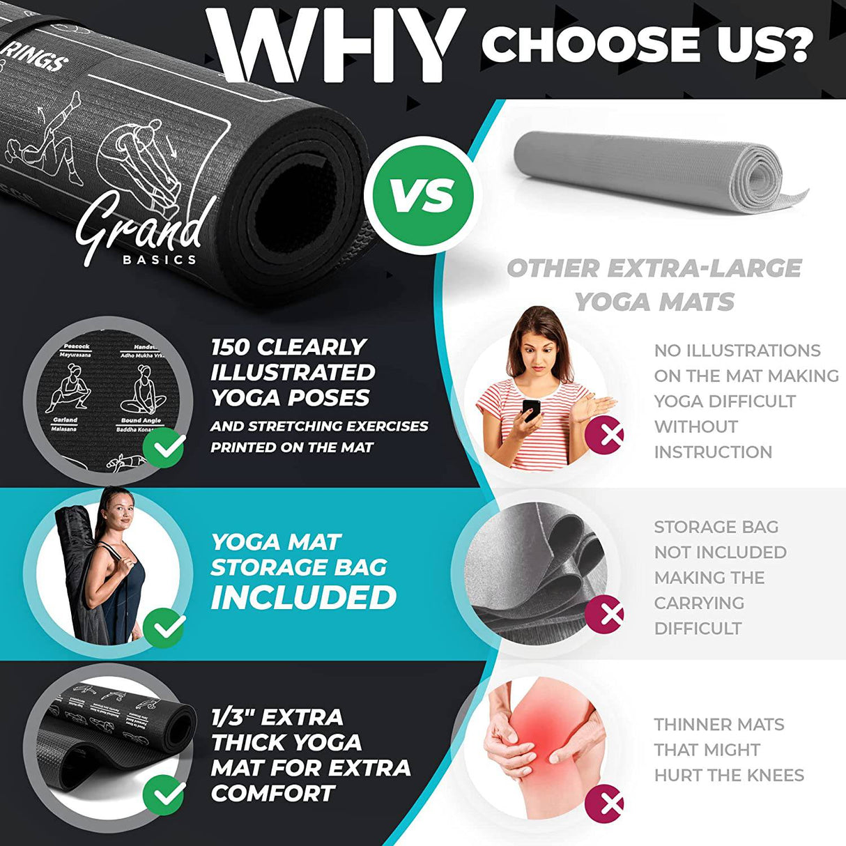 GRAND BASICS - Tapete de yoga instructiva con posturas impresas y correa de transporte - 75 posturas de yoga ilustradas y 75 estiramientos