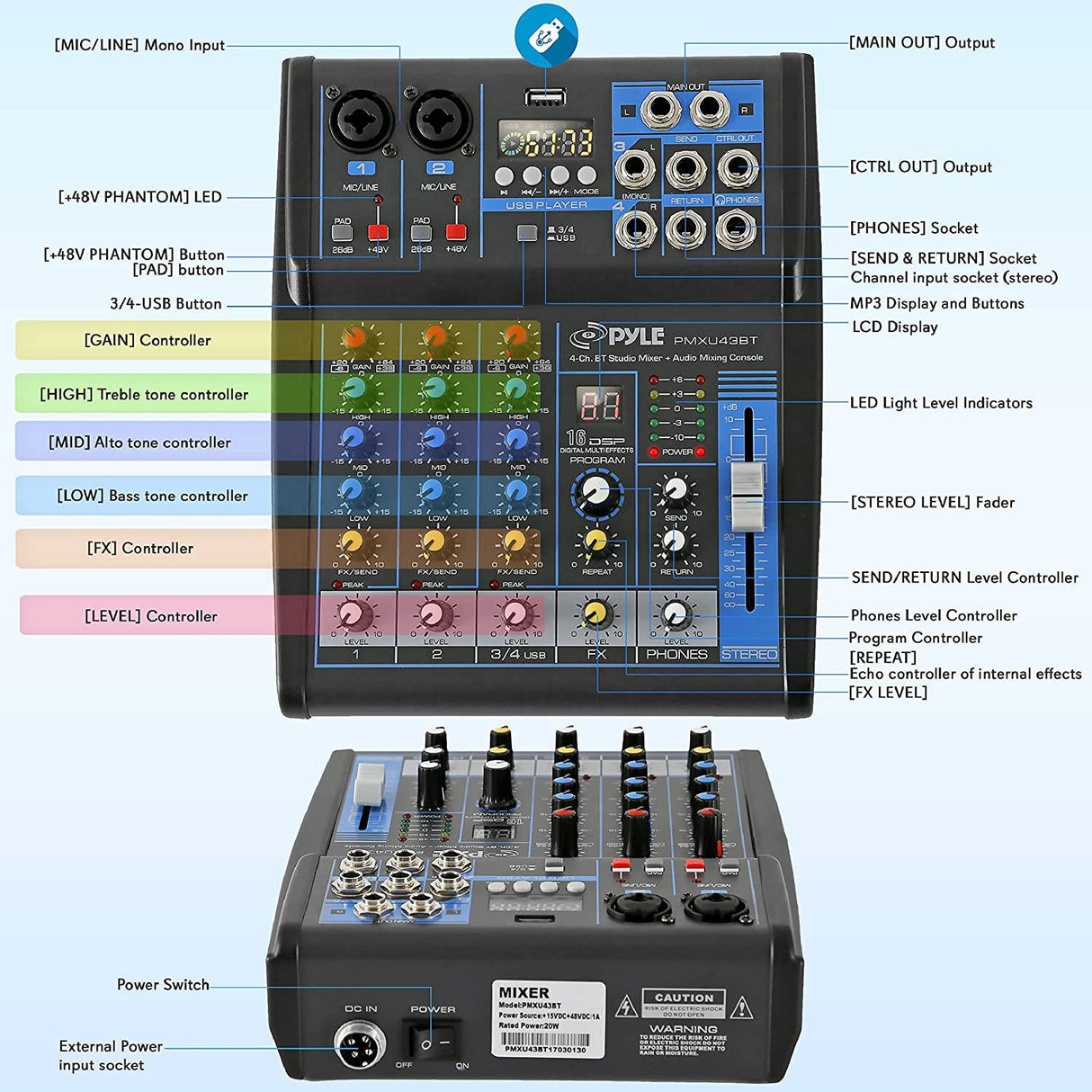 Pyle Mezclador de audio profesional Placa de sonido Interfaz de sistema de consola 4 canales Digital USB Bluetooth MP3 Entrada de computadora 48V Phantom Power Estéreo DJ Studio Streaming FX Procesador DSP de 16 bits-PMXU43BT