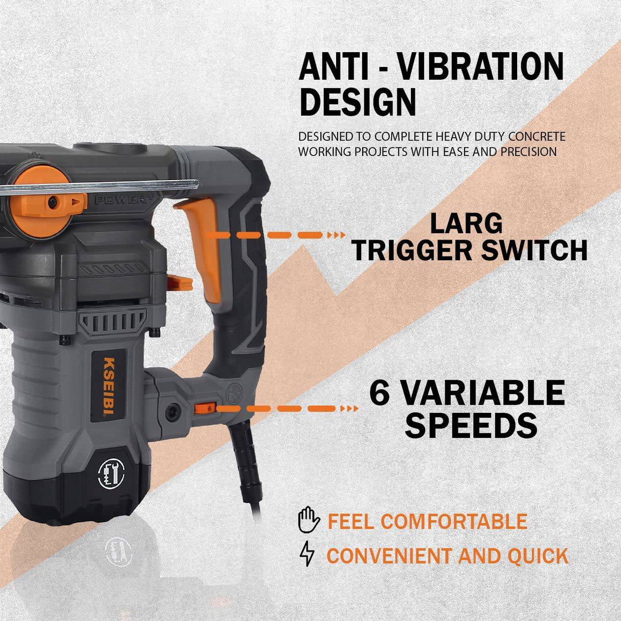 KSEIBI Taladro de martillo rotatorio de velocidad variable 1-1/4 pulgadas, martillo de demolición SDS Plus para taladro de hormigón 13 Amp, sistema de vibración reducida de 4 funciones - DIGVICE MX